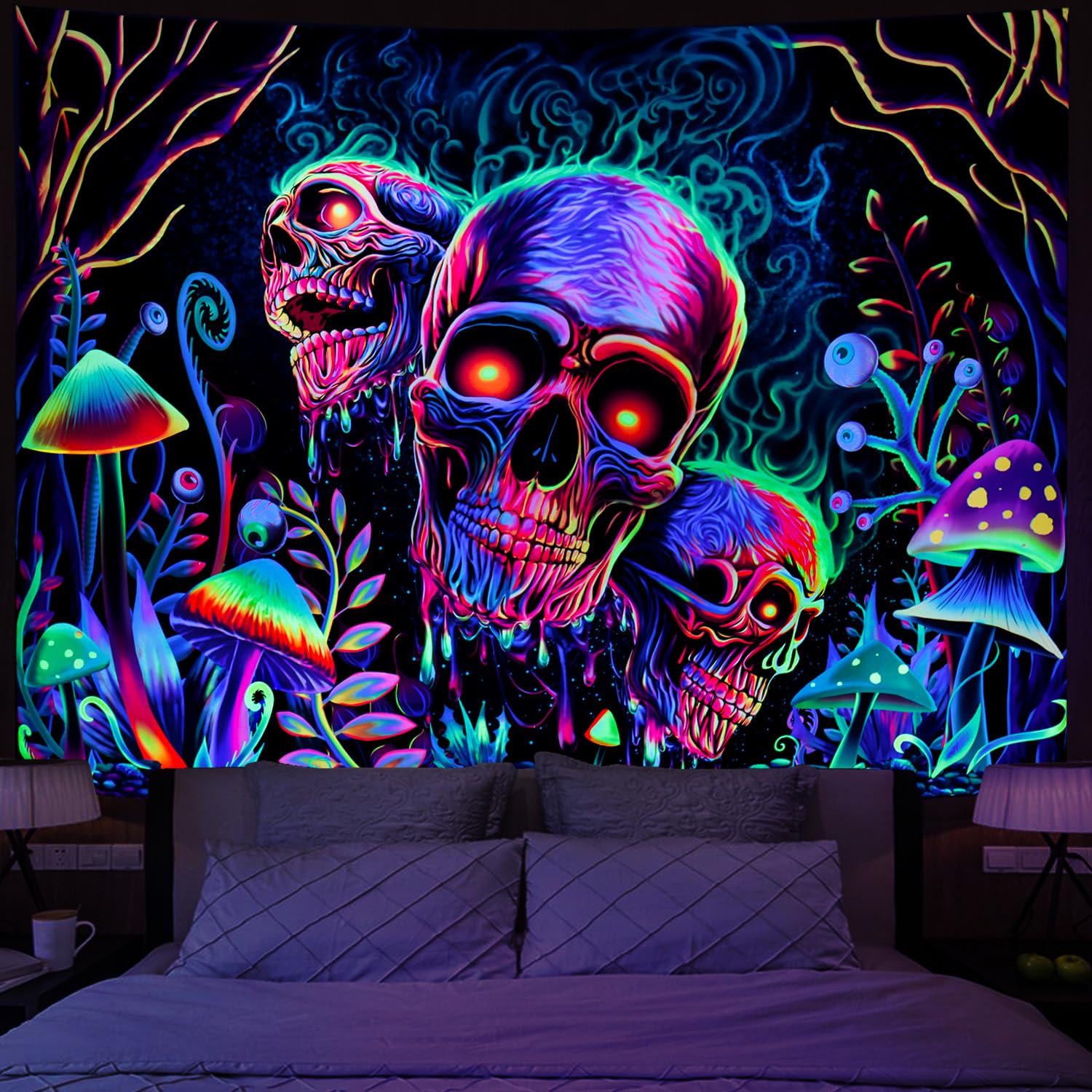 Amonercvita Blacklight Skull Tapestry Trippy Skeleton Wall Tapestry UV Reactive Neon Plants Trees Tapestry Aesthetic Galaxy Spac