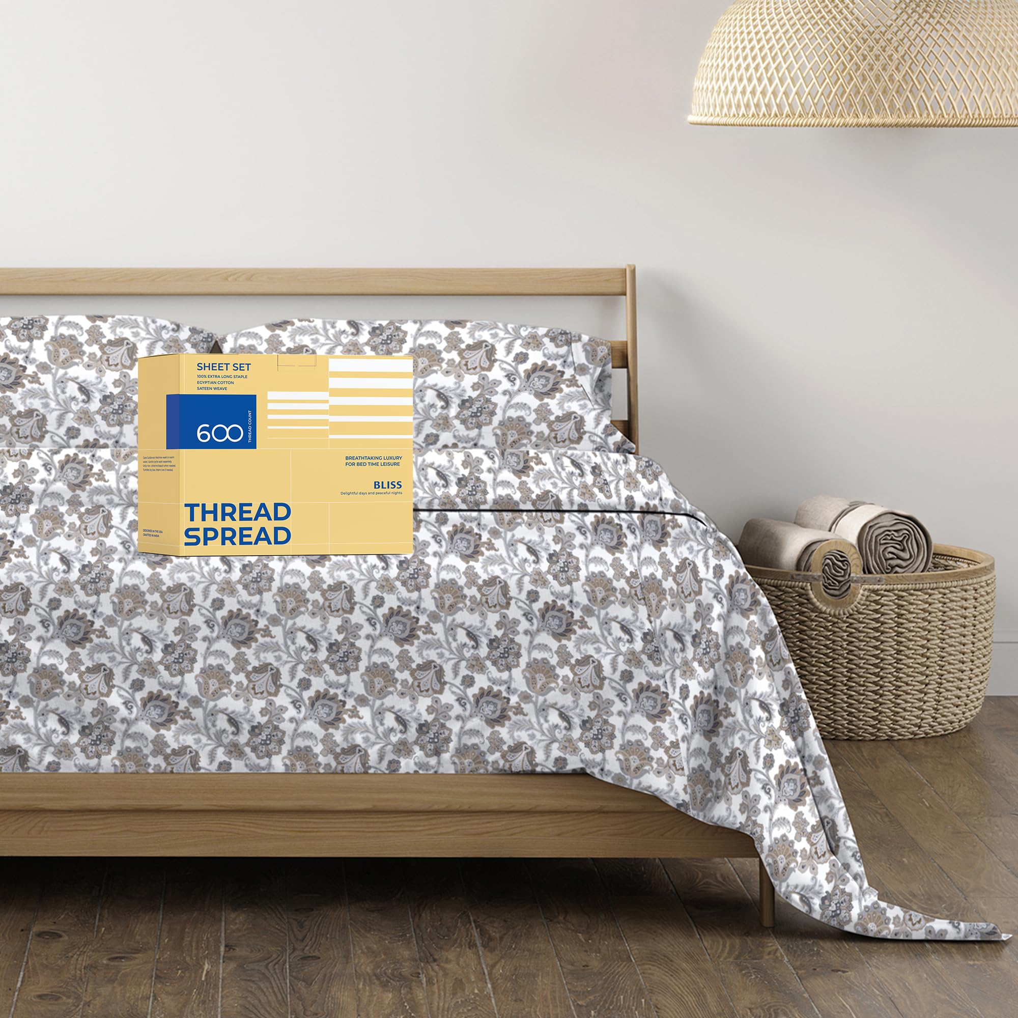 Thread Spread 100% Egyptian Cotton Printed Bed Sheets - 600 Thread Count 4 Pc California King Sheet Set, Hotel Luxury Bedsheets,