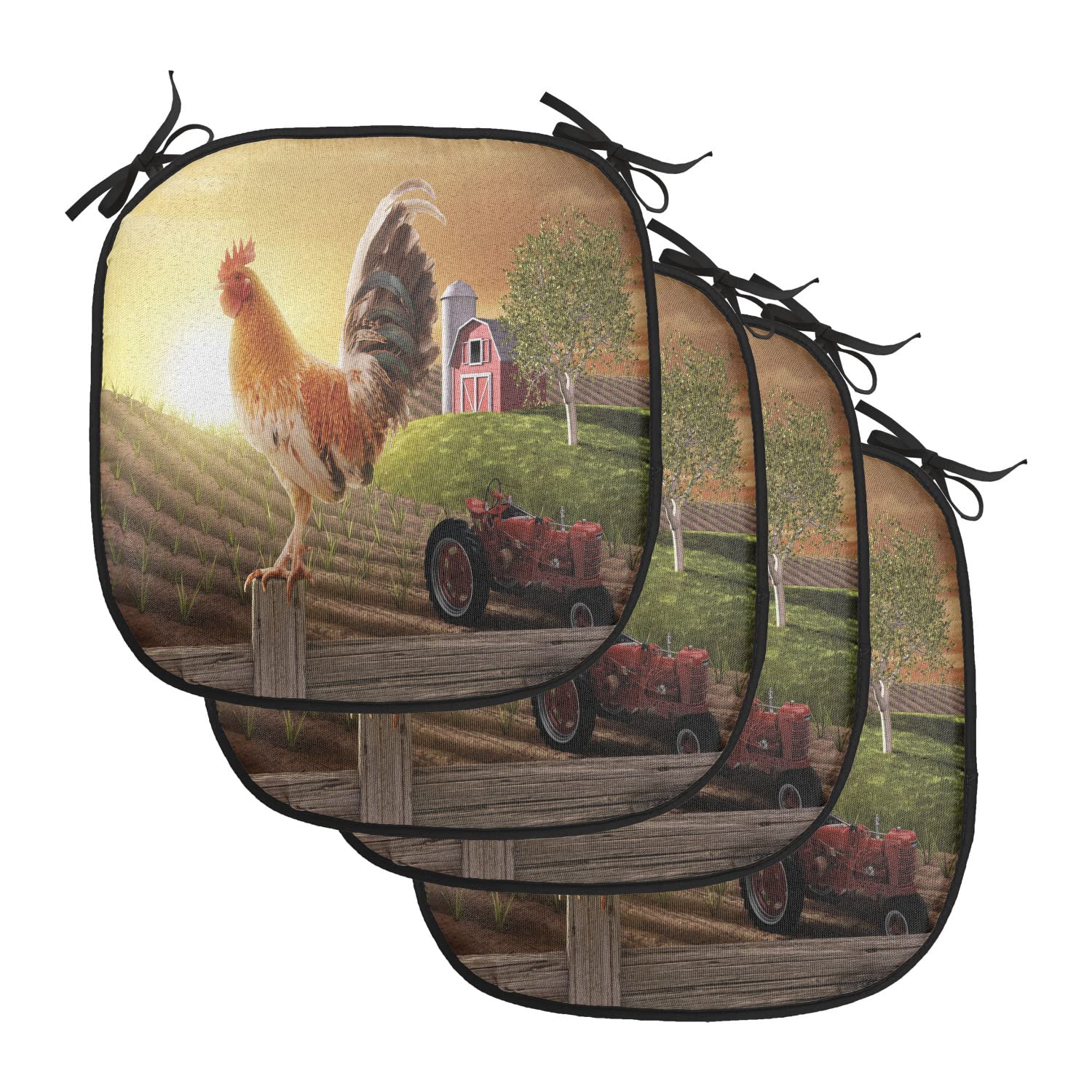 Lunarable Country Chair Cushion Pads Set Of 4, Farm Barn Yard Image Rooster Animal Early Bird Nature And Rising Sun Print, Anti-