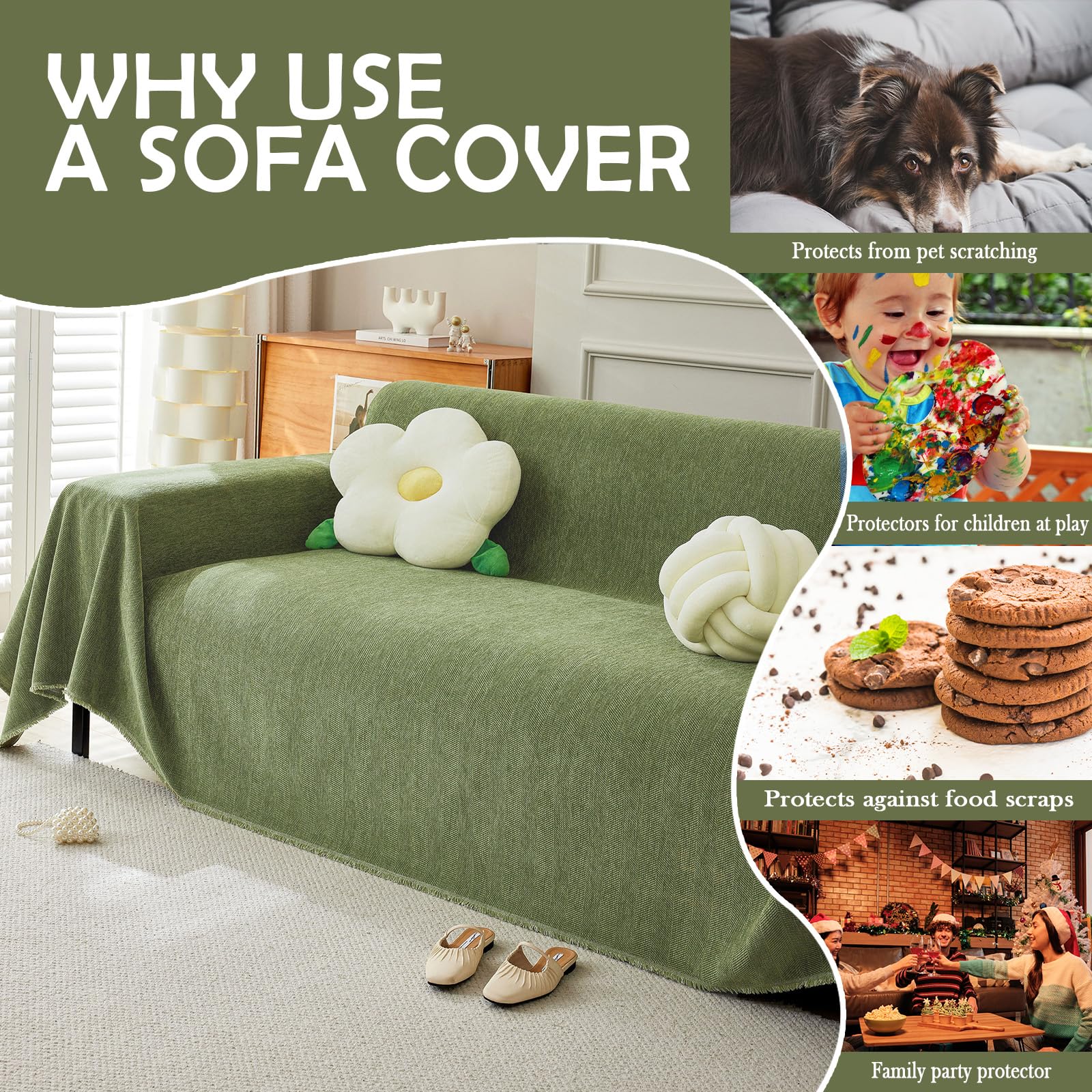 Handontime Green Sofa Cover Vintage Couch Cover For Dogs 91' X118' Couch Cushion Covers With Tassel Herringbone Sofa Cover Boho Sofa Covers For 3 Cushion Couch Chenille Soft Loveseat Sofa Covers