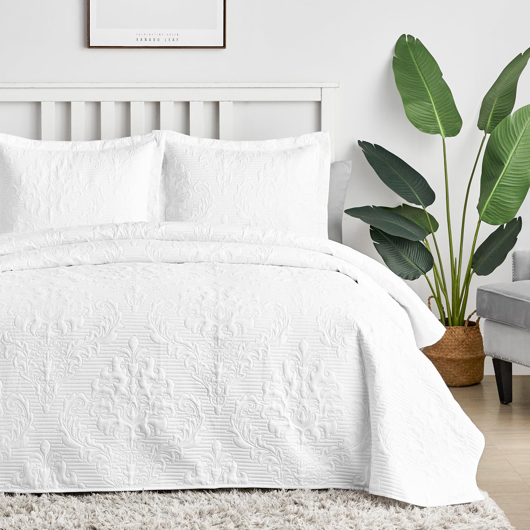Hansleep White Quilt California King Size - Damask Ultrasonic Summer Bedspread California King, Soft Lightweight Coverlet Beddin