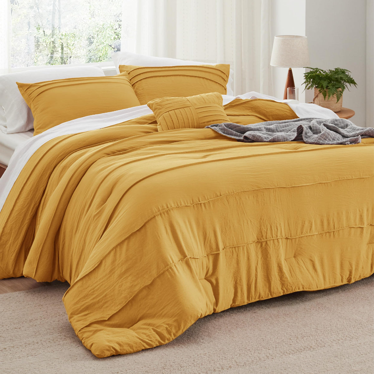 Bedsure Mustard Yellow California King Comforter Set - 4 Pieces Pinch Pleated Bed Set, Down Alternative Bedding Sets For All Sea