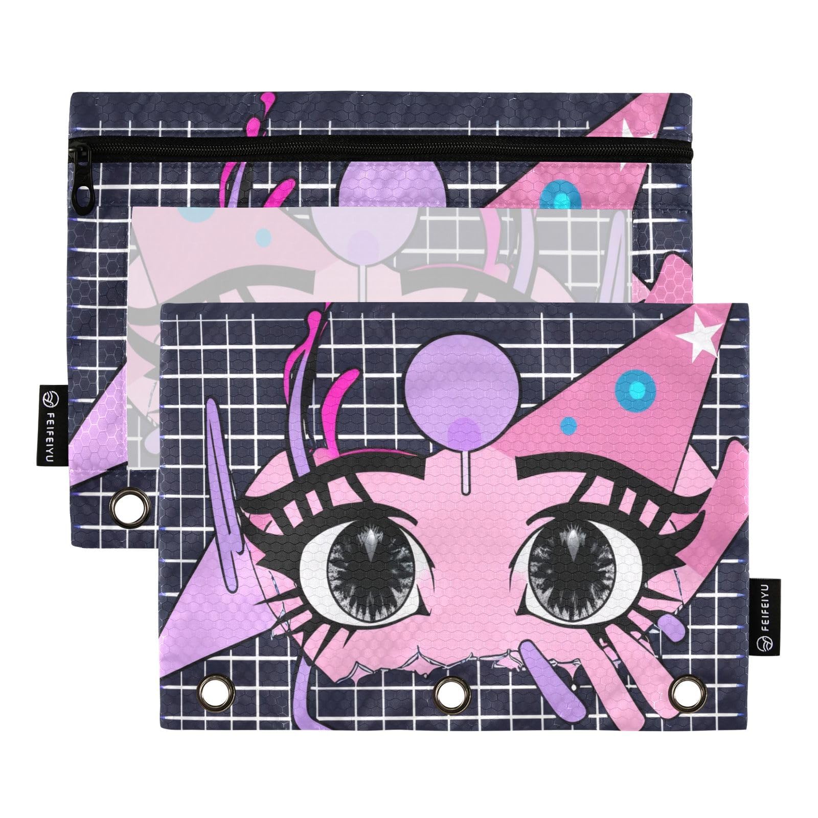 Coikll Cartoon Anime Eyes Pencil Pouch Fits Standard 3-Ring Binders, Zipper Binder Pencil Bag With Clear Window For Office 2 Pac