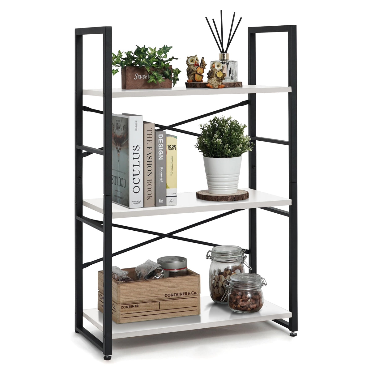 Caphaus 3 Tier Small Bookshelf, 24 Inch Width Free Standing Shelf, Bookcase Shelf Storage Organizer, Industrial Book Shelves For Home Office, Living Room, White Shelves & Metal Frame