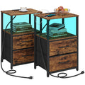 Tutotak Led End Table With Charging Station, Nightstand With Cloth Drawer, Side Table With 1 Usb Port And 1 Type-C Port, Set Of 2, Couch Table, Brown Tb01Bb052L