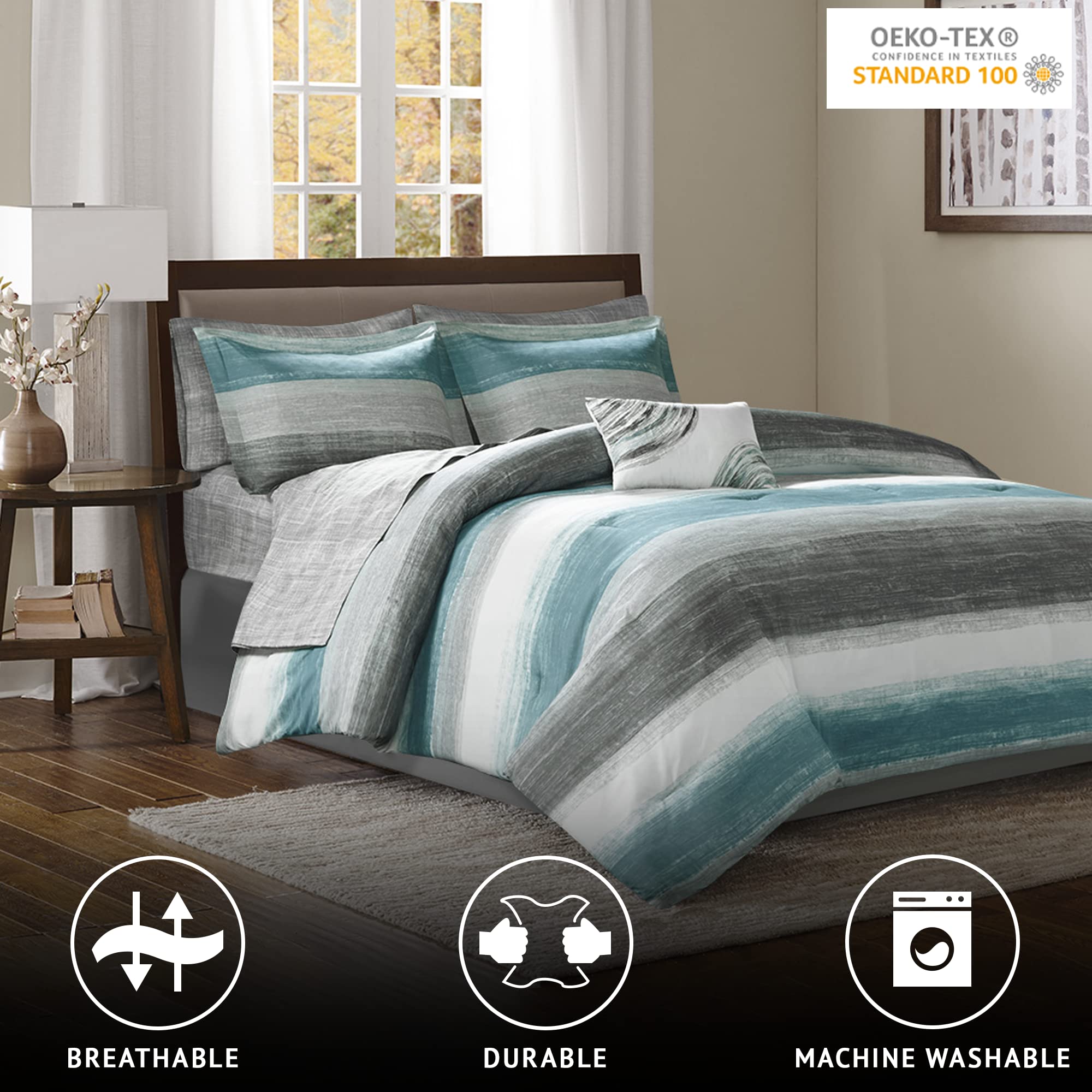 Madison Park Essentials Twin Comforter Set, Bed In A Bag Twin, Watercolor Print Coastal Comforter & Chambray Cotton Sheet Set, All Season Bedding Set, Saben, Aqua Twin (68 In X 86 In) 7 Piece