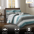 Madison Park Essentials Cal King Comforter Set, Bed In A Bag, Watercolor Print Coastal Comforter & Chambray Cotton Sheet Set, All Season Bedding Set, Saben, Aqua Cal-King (104 In X 92 In) 9 Piece