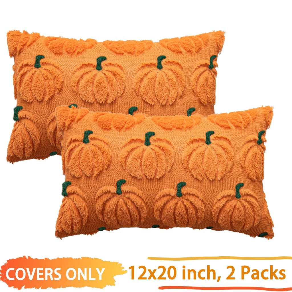 Cosibono Pumpkin Fall Decorative Throw Pillow Covers 12'X20', Set Of 2 Orange Green Soft Faux Fur Pillow Covers For Autumn Har