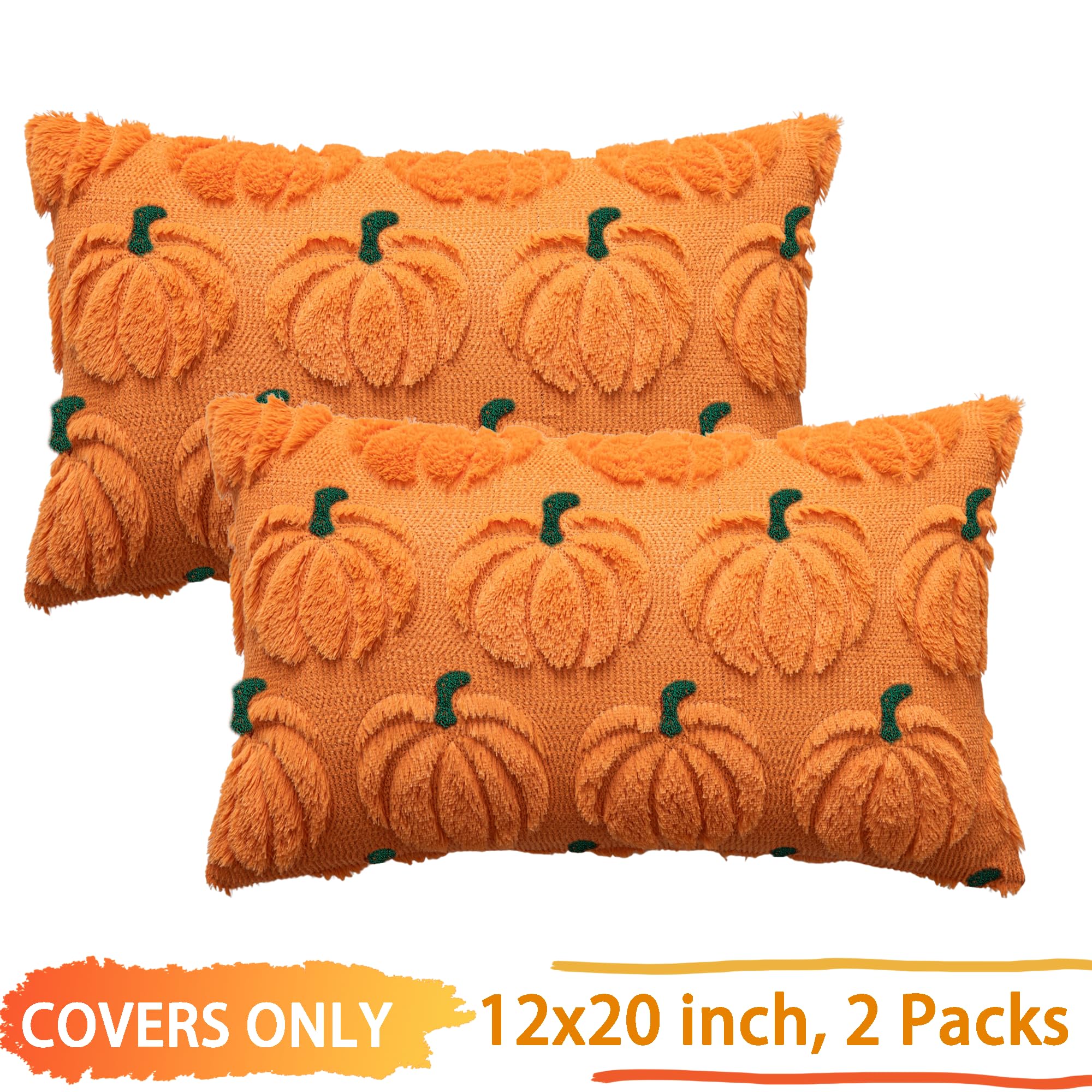 Cosibono Pumpkin Fall Decorative Throw Pillow Covers 12'X20', Set Of 2 Orange Green Soft Faux Fur Pillow Covers For Autumn Har