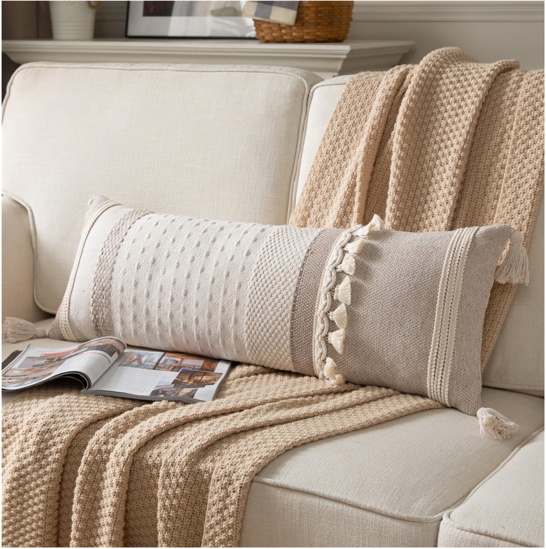 Caflife Boho Lumbar Throw Pillow Cover 14X36 Long Decorative Pillows For Bed, Taupe Beige Woven Body Pillow Cover For Farmhouse