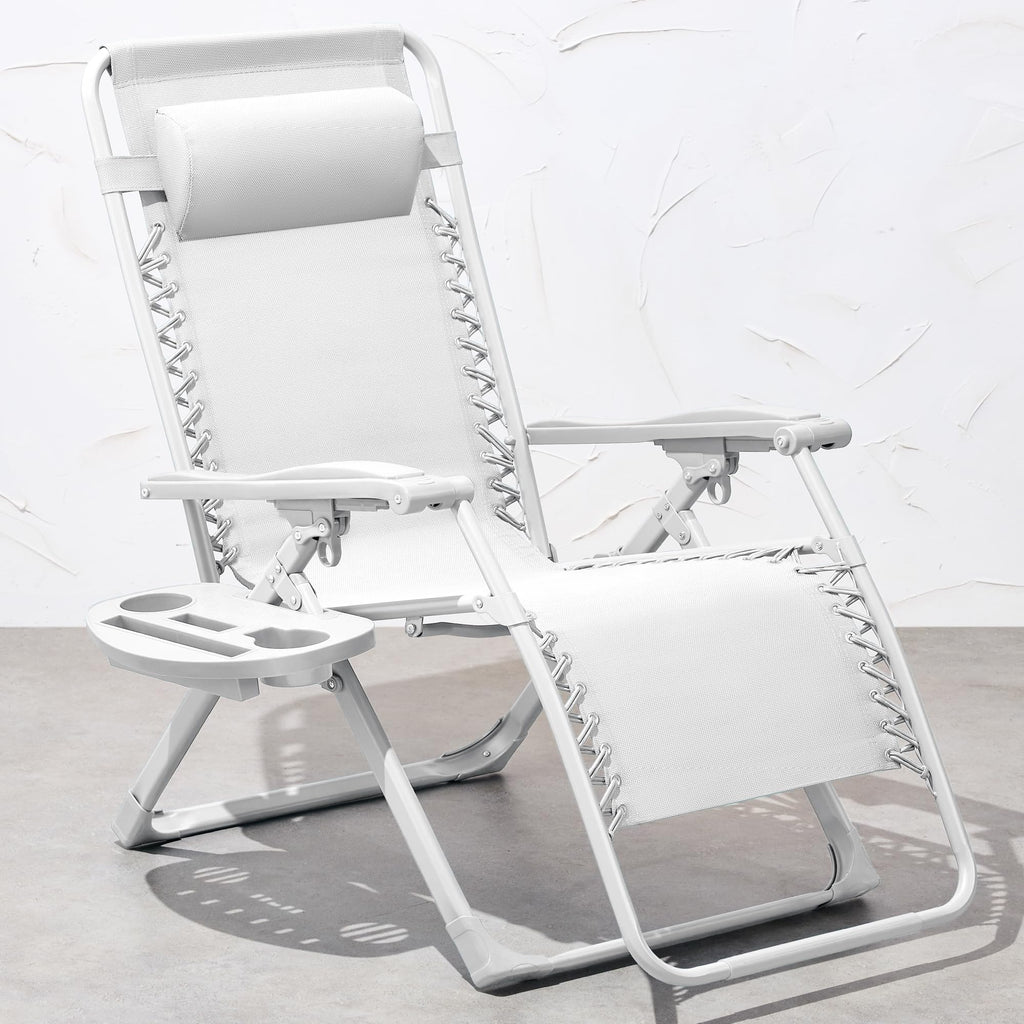 Best Choice Products Adjustable Zero Gravity Chair, Monochromatic Color Folding Patio Recliner W/Side Tray, Headrest - Snow