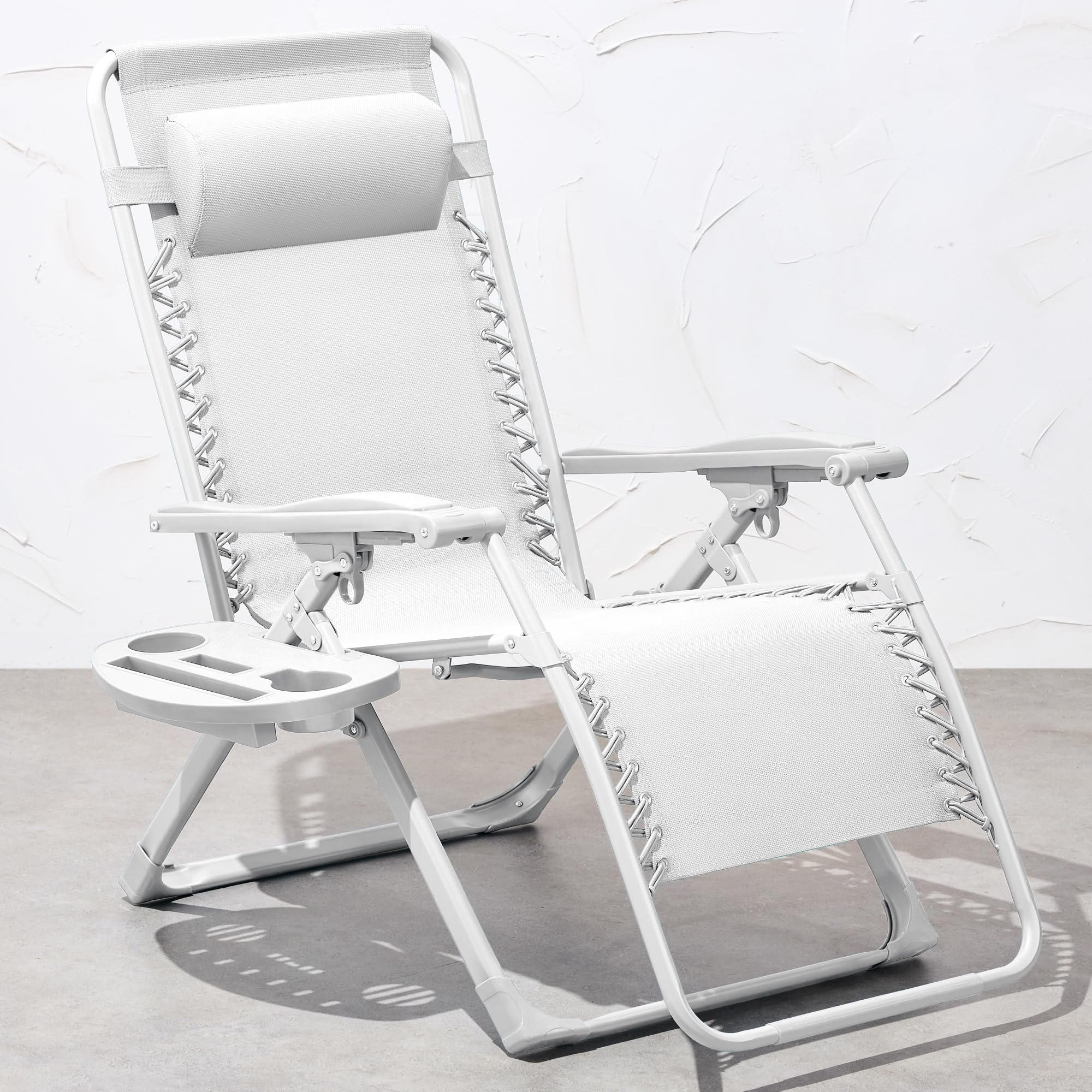 Best Choice Products Adjustable Zero Gravity Chair, Monochromatic Color Folding Patio Recliner W/Side Tray, Headrest - Snow
