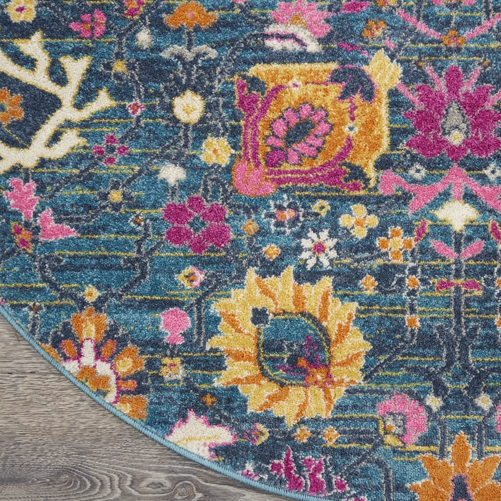 HomeRoots 100% Polypropylene 4’ Round Denim Blue Florals Distressed Area Rug