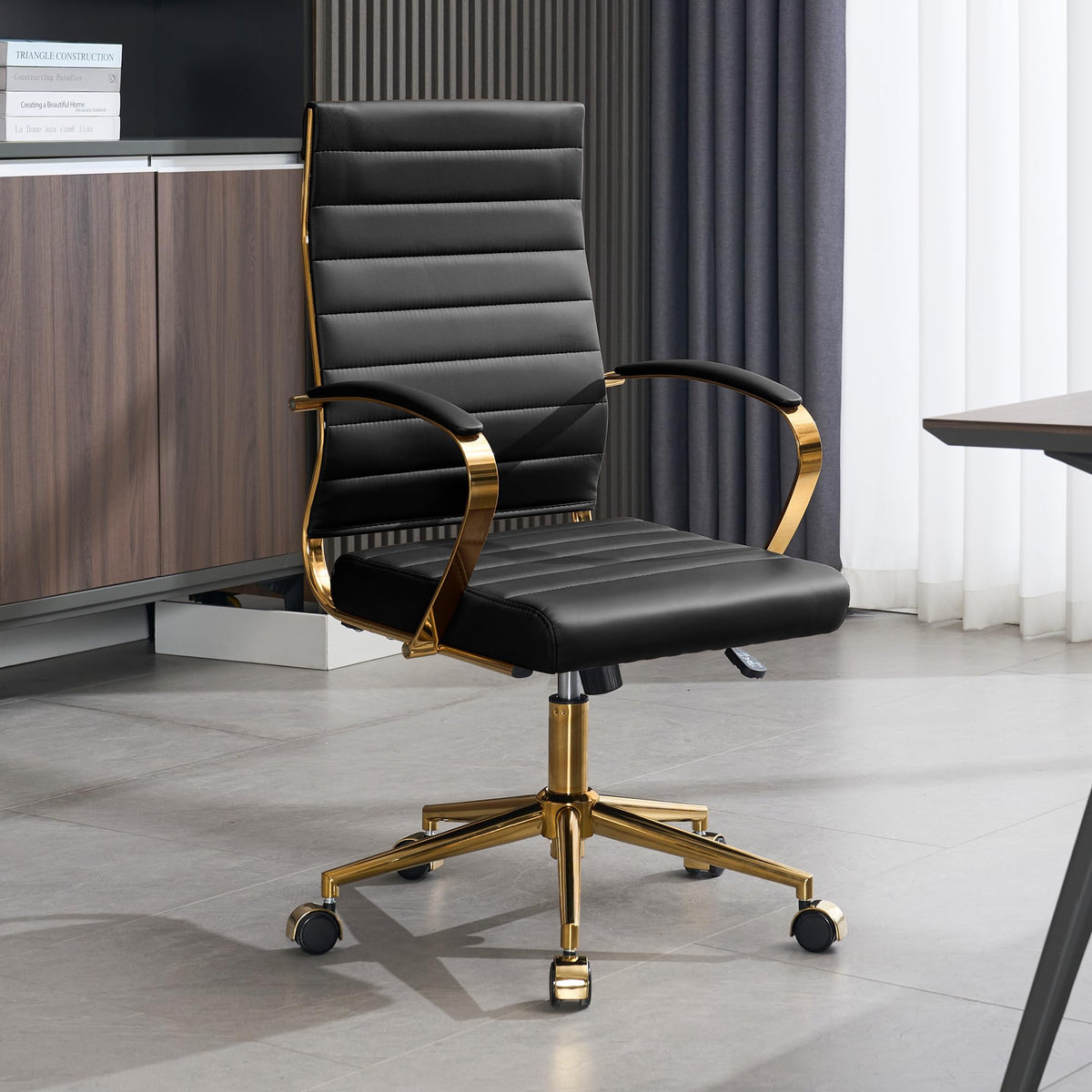 Okeysen Gold Office Desk Chair, Ergonomic Leather Modern Conference Room Chairs, Executive Ribbed Height Adjustable Swivel Rolli