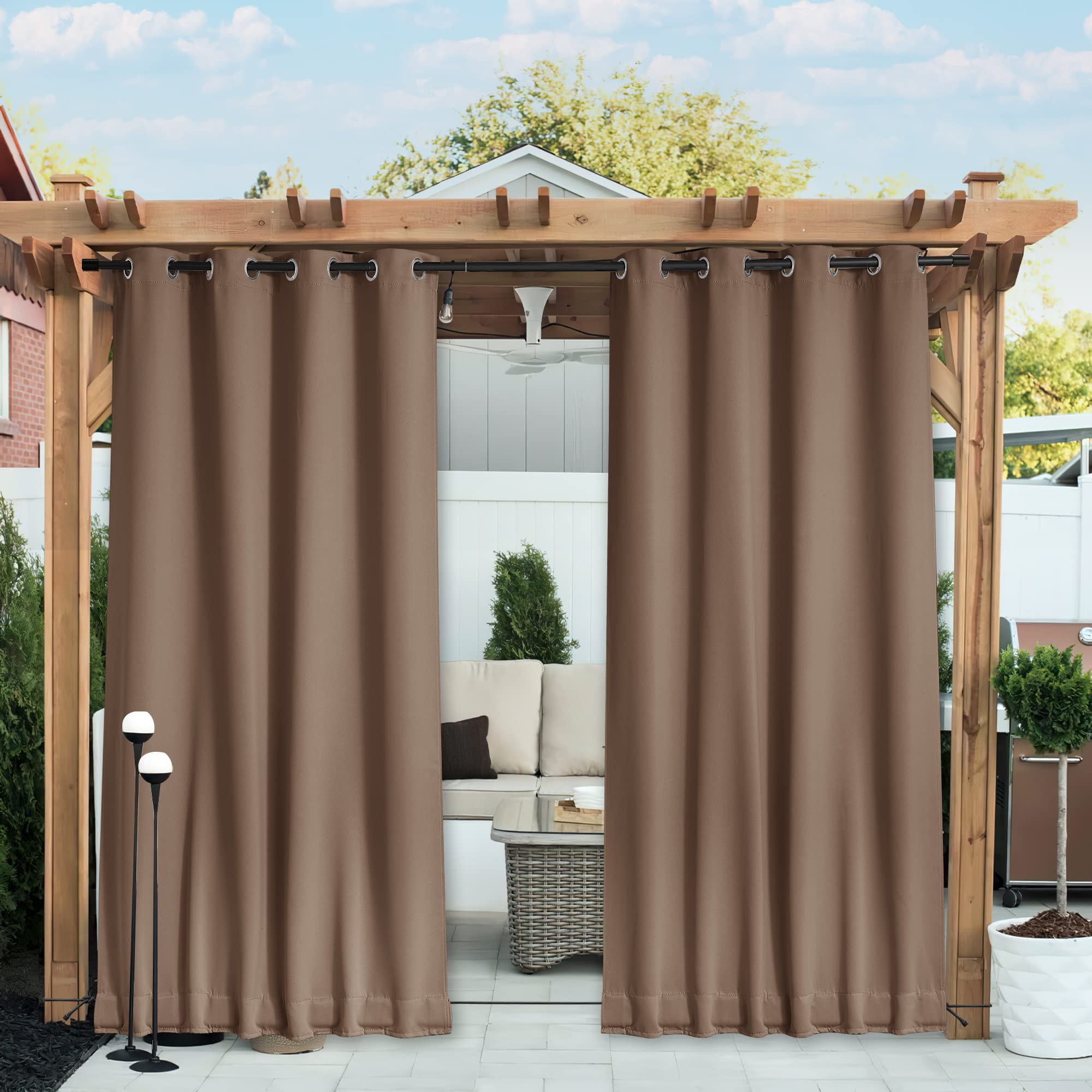 Nicetown 2 Panels Blackout Patio Waterproof Outdoor Curtains, Thermal Insulated Top & Bottom Grommet & Back Tab Wind-Break Drape