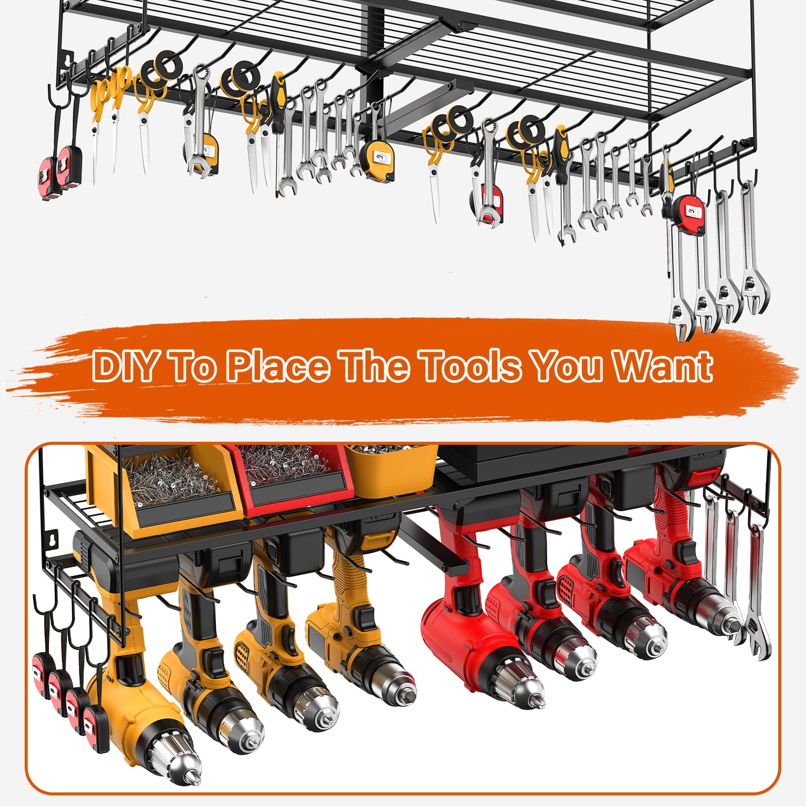 Junnuj Large Power Tool Organizer With 10 Outlet Power Strip, 3 Layer Wall Mount Drill Holder With Charging Station, 8 Drills Storage Shelf Shop Garage Utility Rack, Black