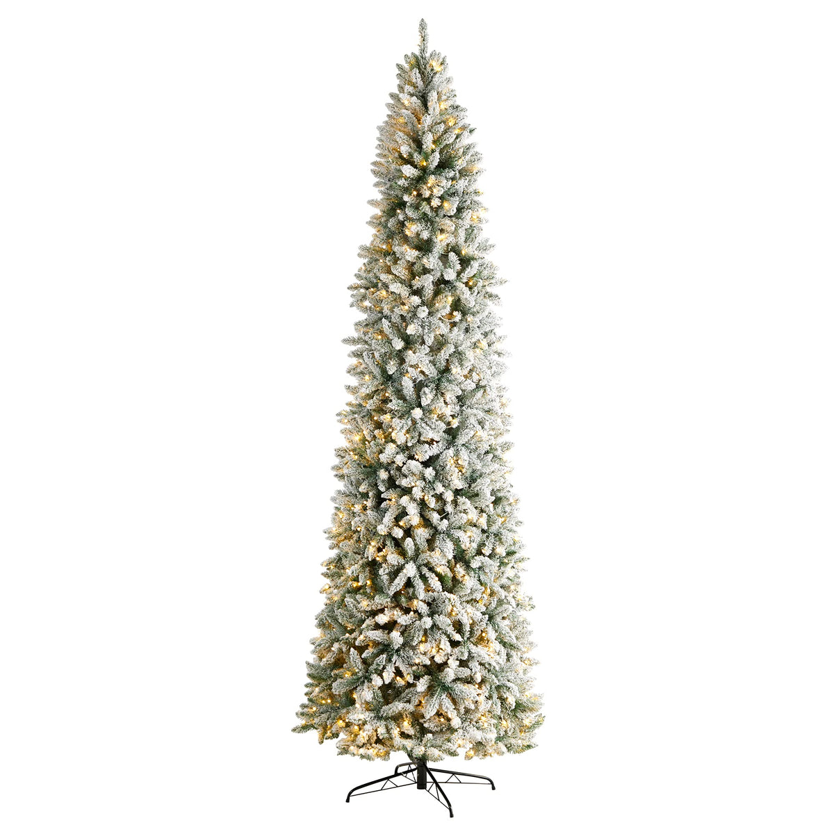 10Ft. Slim Flocked Montreal Fir Artificial Christmas Tree With 800 Warm White Led Lights And 2420 Bendable Branches Green