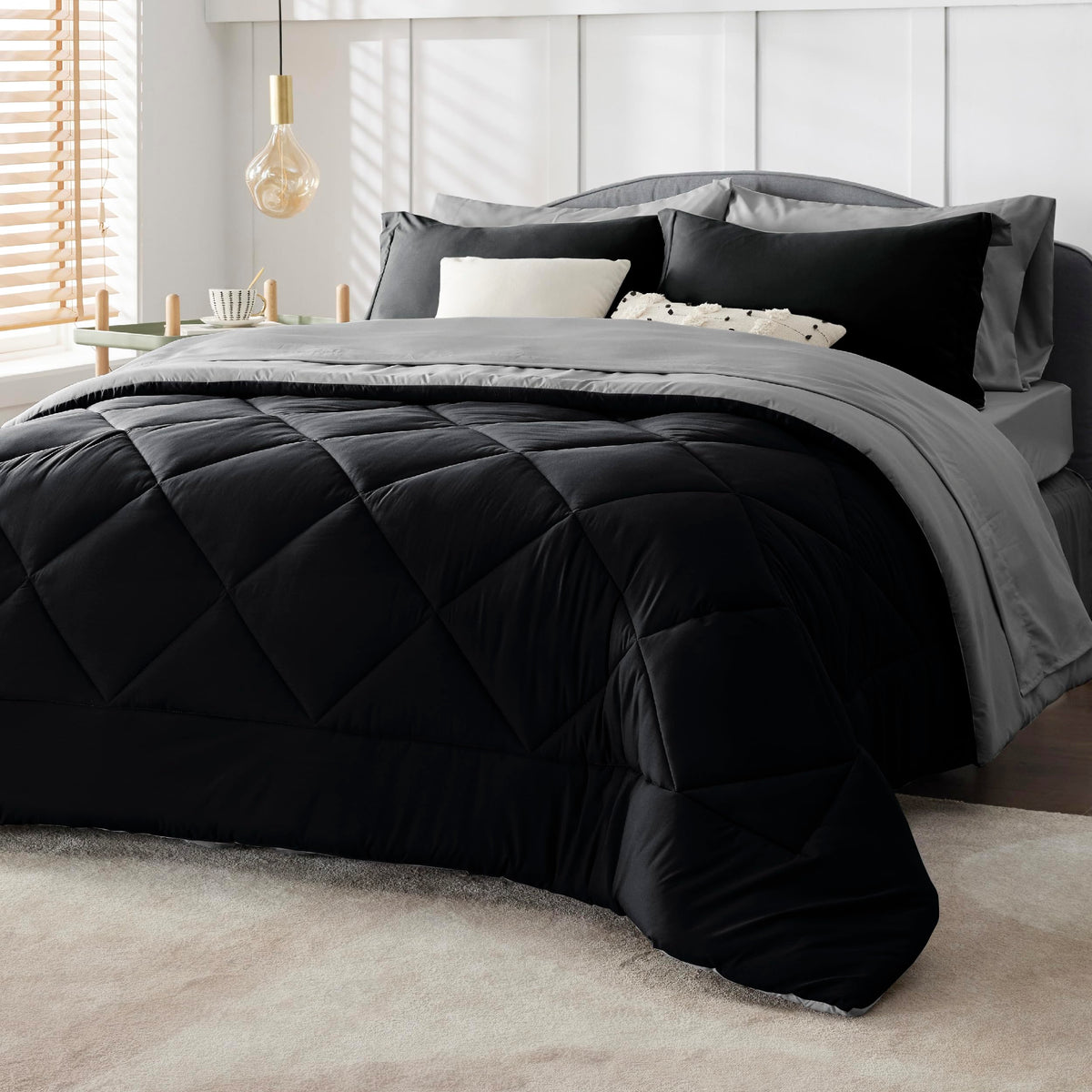 Bedsure Black California King 7 Pieces Reversible Bed Set Bed In A Bag With Comforters, Sheets, Pillowcases & Shams, Bedding Set
