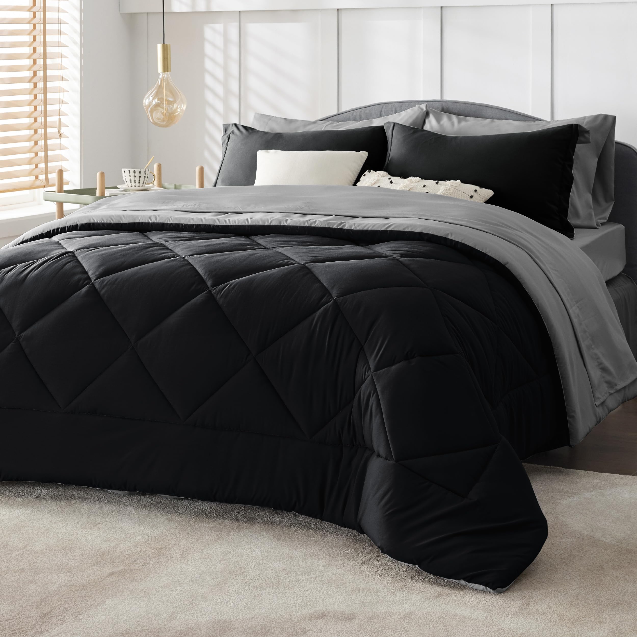Bedsure Black Full Size Comforter Sets - 7 Pieces Reversible Comforter Set Full Bed In A Bag With Comforters, Sheets, Pillowcase