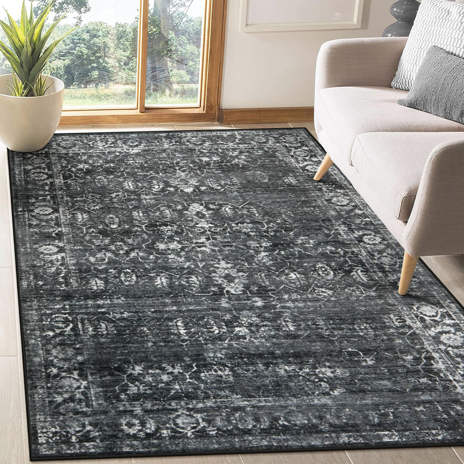 Morebes Vintage Washable Rugs for Living Room, Black 5x7 Area Rugs for Bedroom Non-Slip Indoor Rug, Soft Distressed Retro Floral