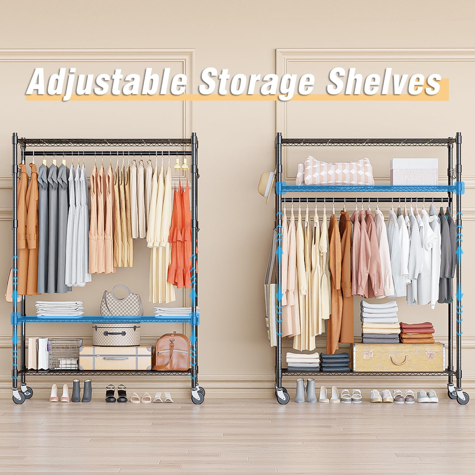 Homdox 3 Tier Heavy Duty Garment Rack With Wheels, Adjustable Wire Clothes Rack With Double Hanging Rods, Portable Closets For H