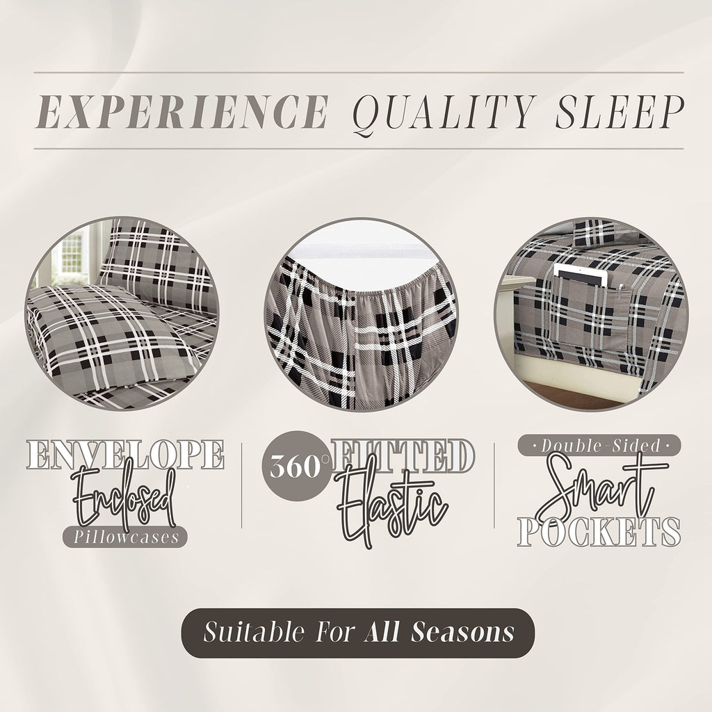 Elegant Comfort Lilliana Plaid 6-Piece Sheet Set, Supreme Coziness Fade & Wrinkle Resistant, 1500 Premium Hotel Quality Microfiber, Sheet Featuring Smart Pockets, Plaid Sheet Set, King, Gray