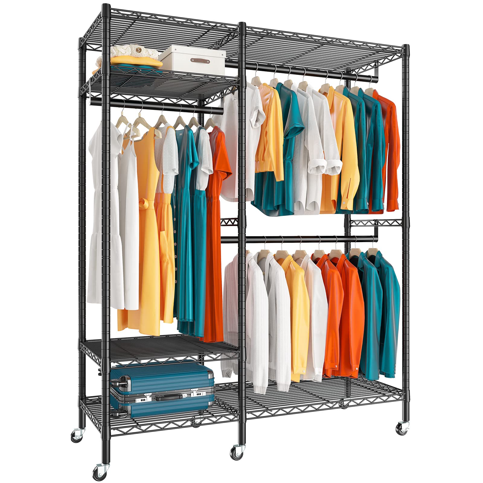 Raybee 79 H Clothes Rack Heavy Duty Clothing Rack with Wheels Loads 650LBS, Clothing Racks for Hanging Clothes Rolling Clothes R
