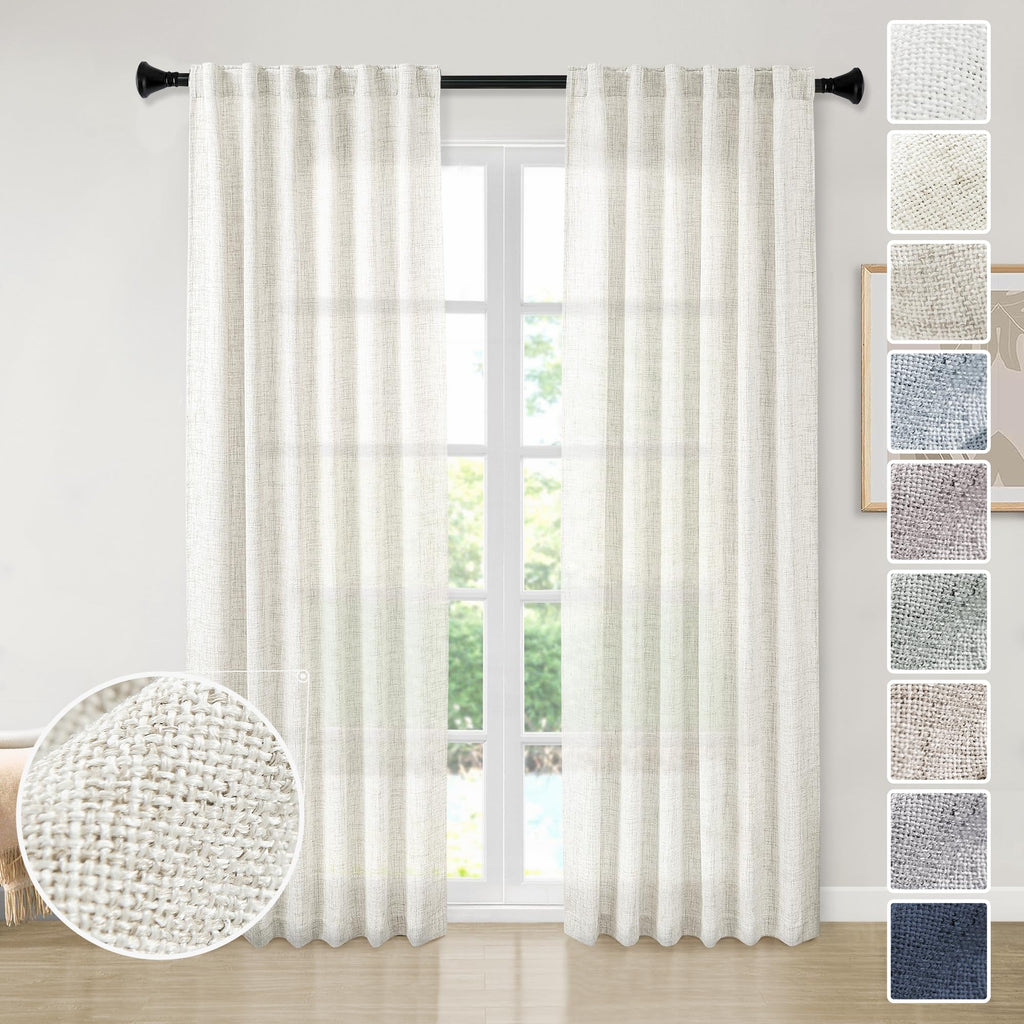 MEETBILY Semi Sheer Linen Curtains 95 Inches Long 2 Panel Set, Back Tab Rod Pocket Linen Farmhouse Light Filtering Two Pages Win