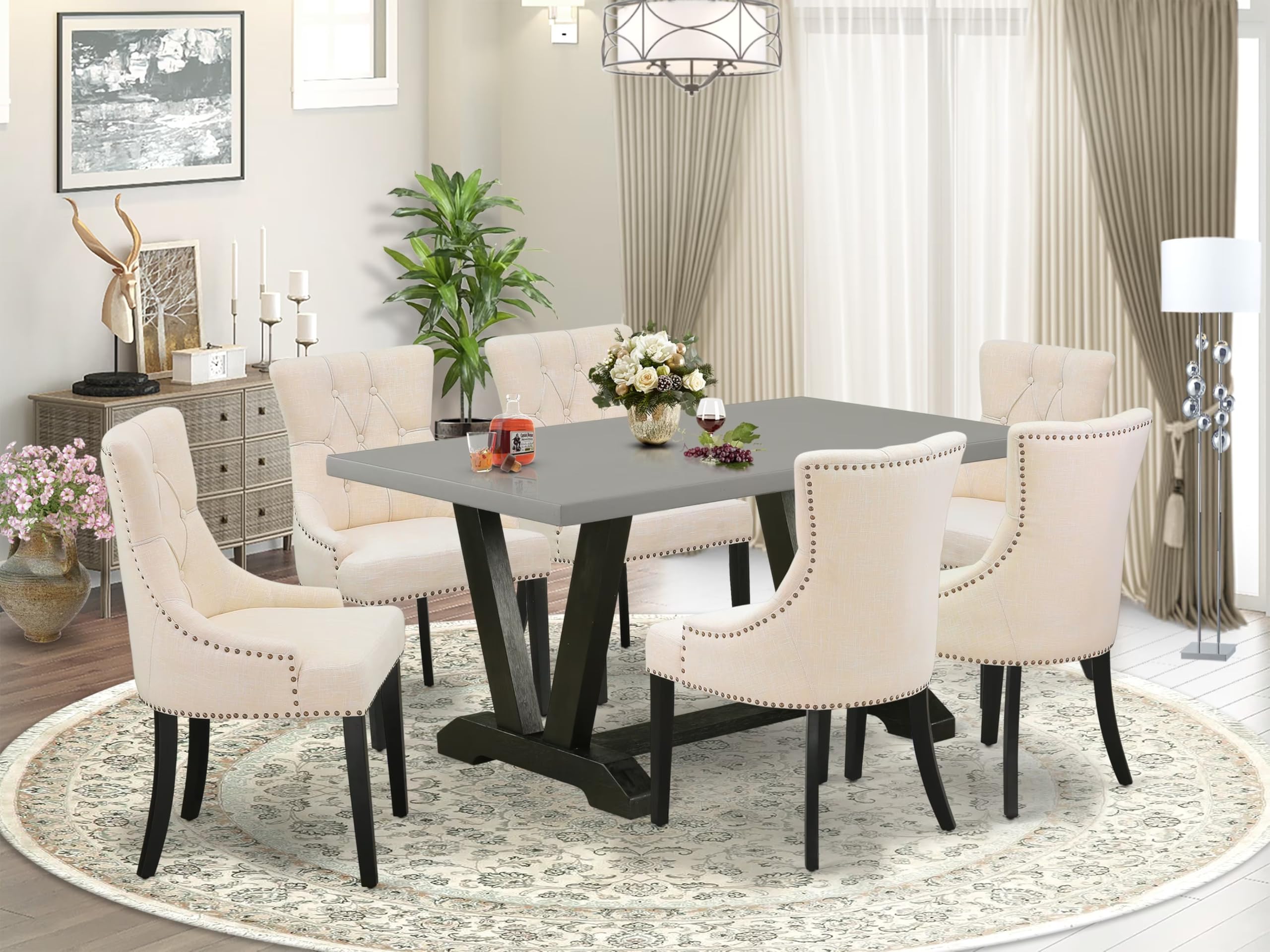 East West Furniture V696Fr102-7 7 Piece Dinette Set Consist Of A Rectangle Dining Room Table With V-Legs And 6 Light Beige Linen Fabric Upholstered Parson Chairs, 36X60 Inch, Multi-Color