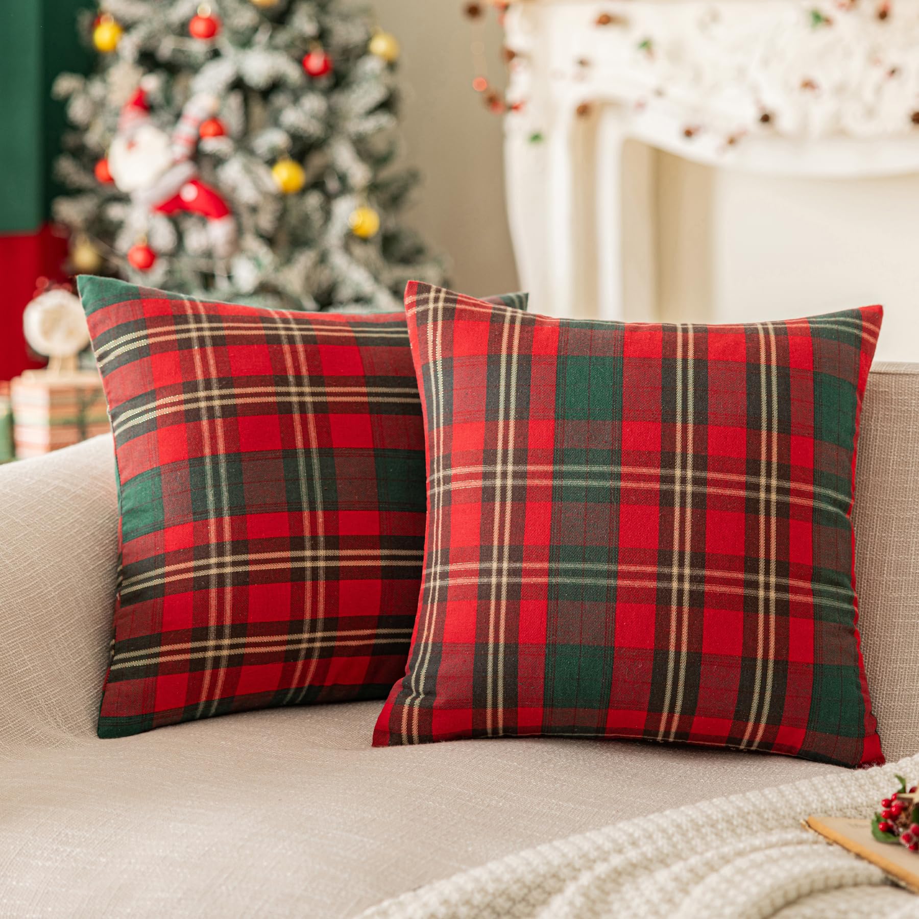 Sinyasan Set Of 2 Red Christmas Scottish Plaid Throw Pillow Covers 20X20 Inch Green Woven Farmhouse Winter Decorative Pillow Cov