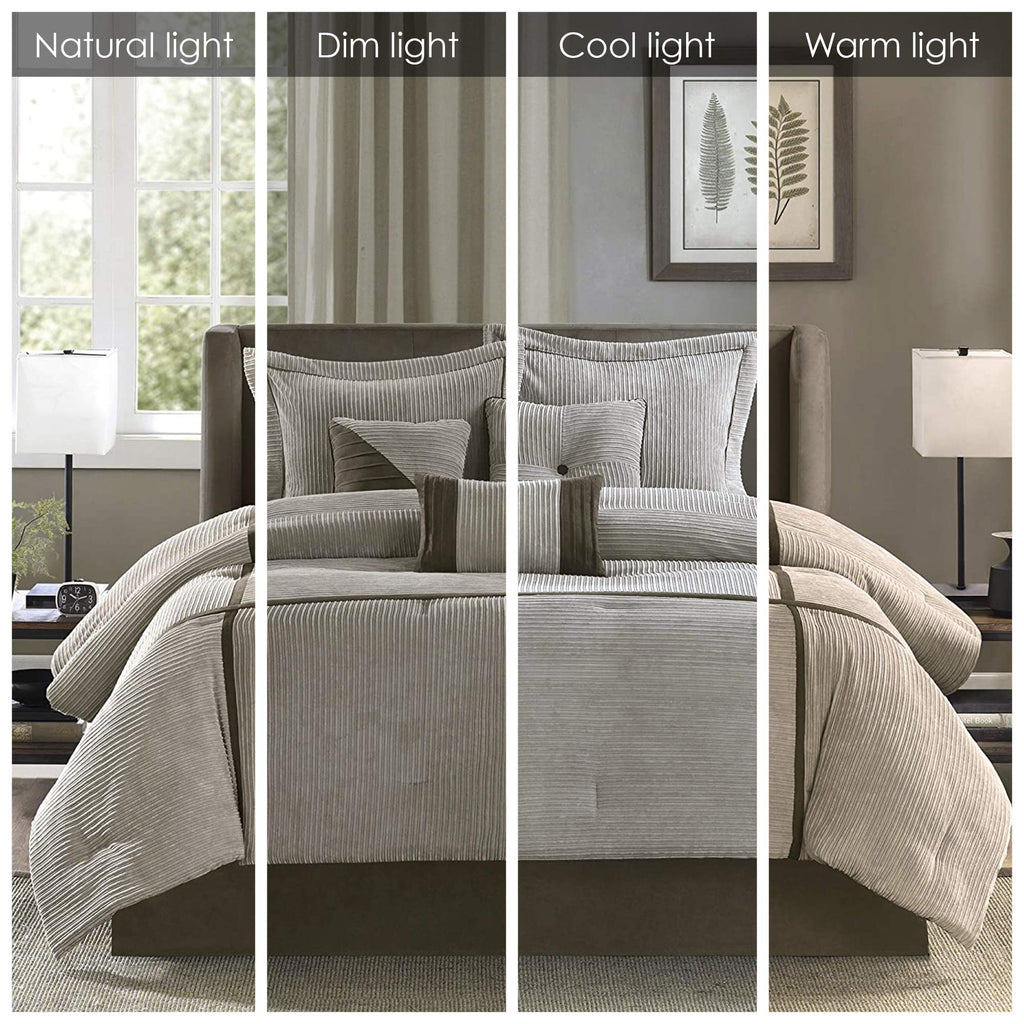 Madison Park Cozy Comforter Set Casual Blocks Design All Season, Matching Bed Skirt, Decorative Pillows, King (104 In X 92 In), Dallas Taupe/Brown, 7 Piece