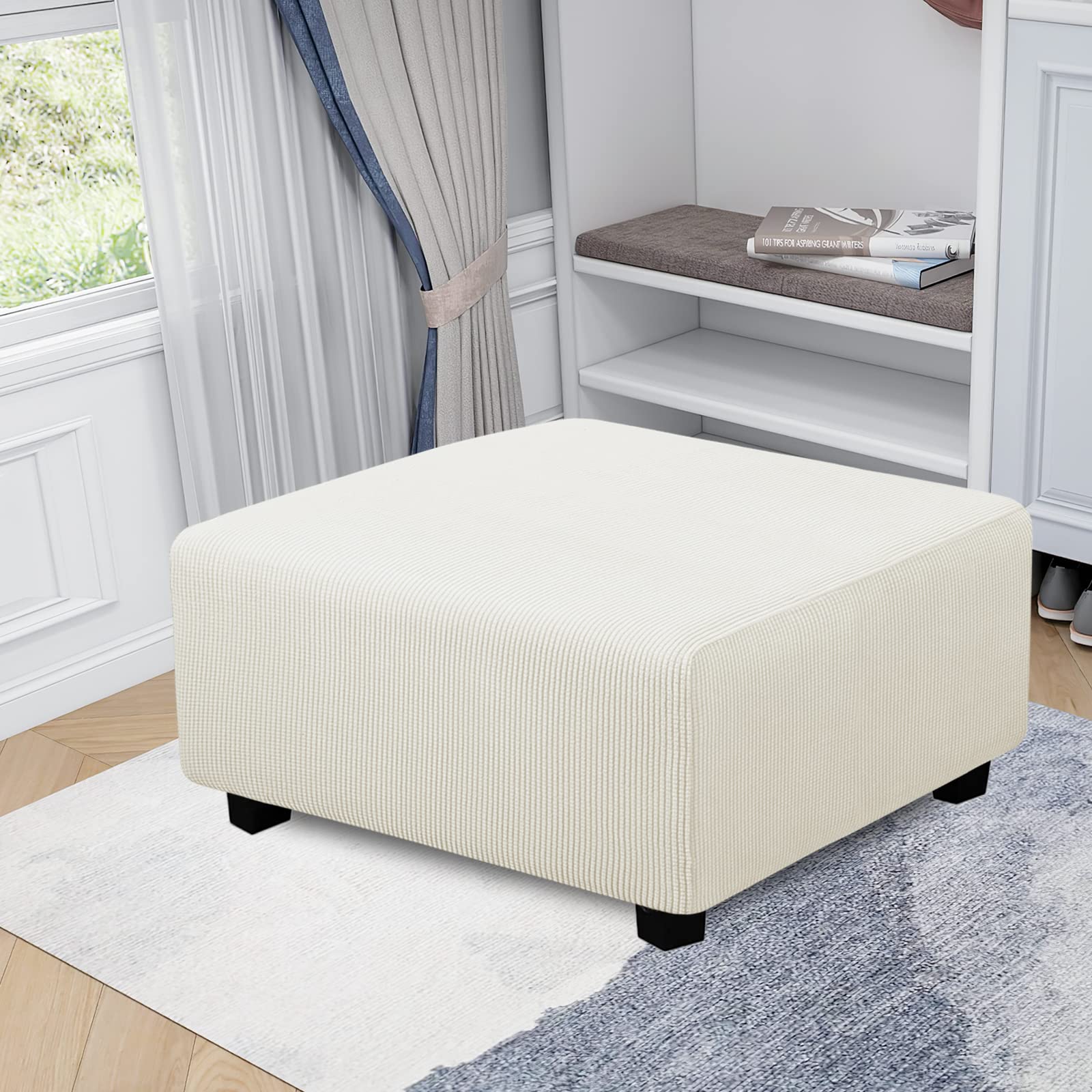 Easy-Going Stretch Square Ottoman Cover 40X40X15 Inch Folding Storage Stool Furniture Protector Soft Rectangle Slipcover With Elastic Bottom Cream