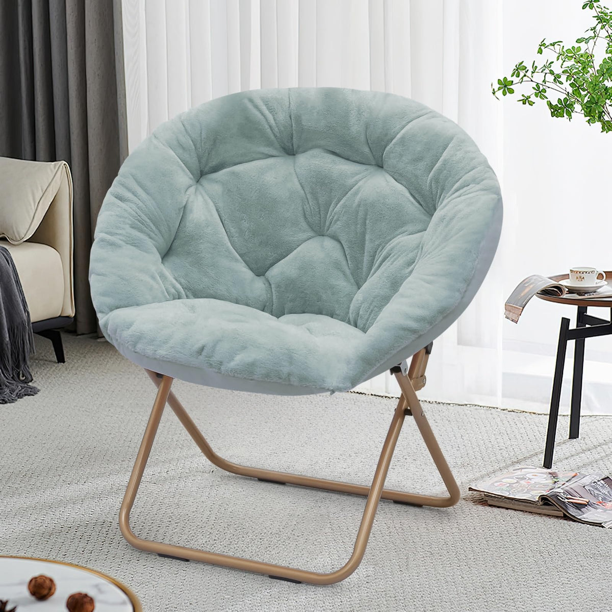 Brightoria Round Comfy Saucer Chair, Metal Frame Cozy Lounge Lazy Chair Folding Faux Fur Saucer Chair For Adults, Foldable Papas