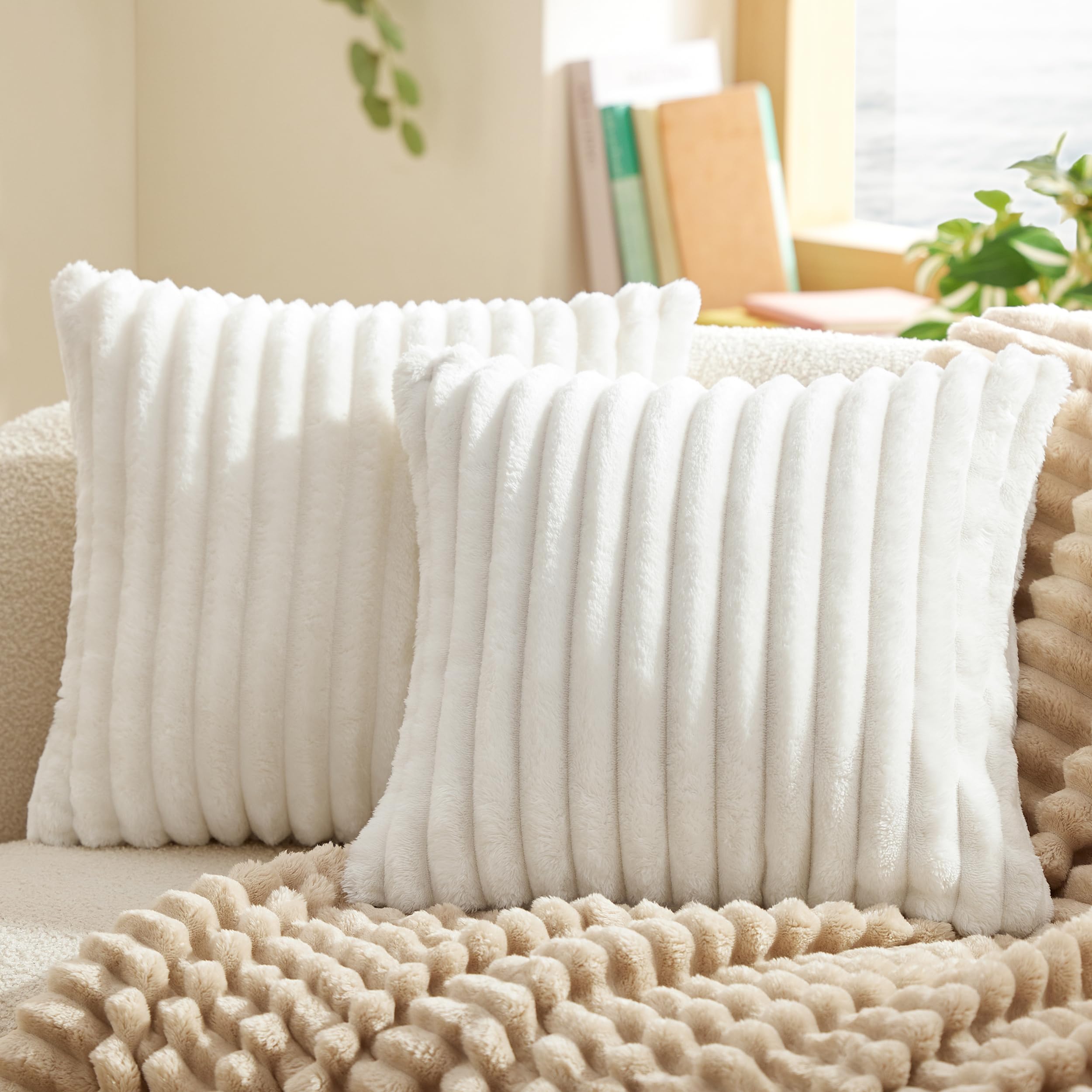 Bedsure Throw Pillow Covers 18X18 Inch - Pack Of 2 White Luxury Soft Cozy Fluffy, Striped Pillow Covers, Home Decor For Sofa Cou