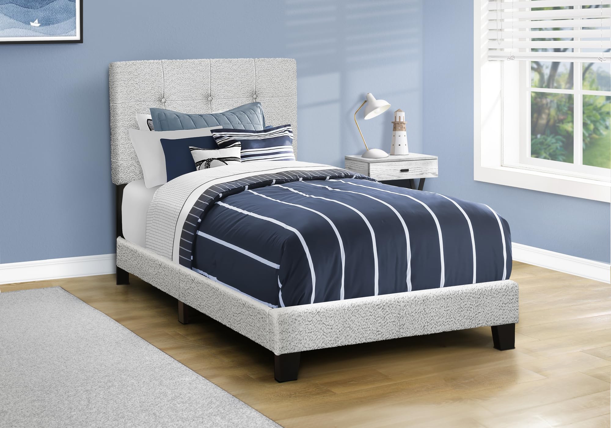 Monarch Specialties I 5801T Bed, Twin Size, Upholstered, Frame Only, Bedroom, Juvenile, Youth, Light Grey Boucle, Transitional