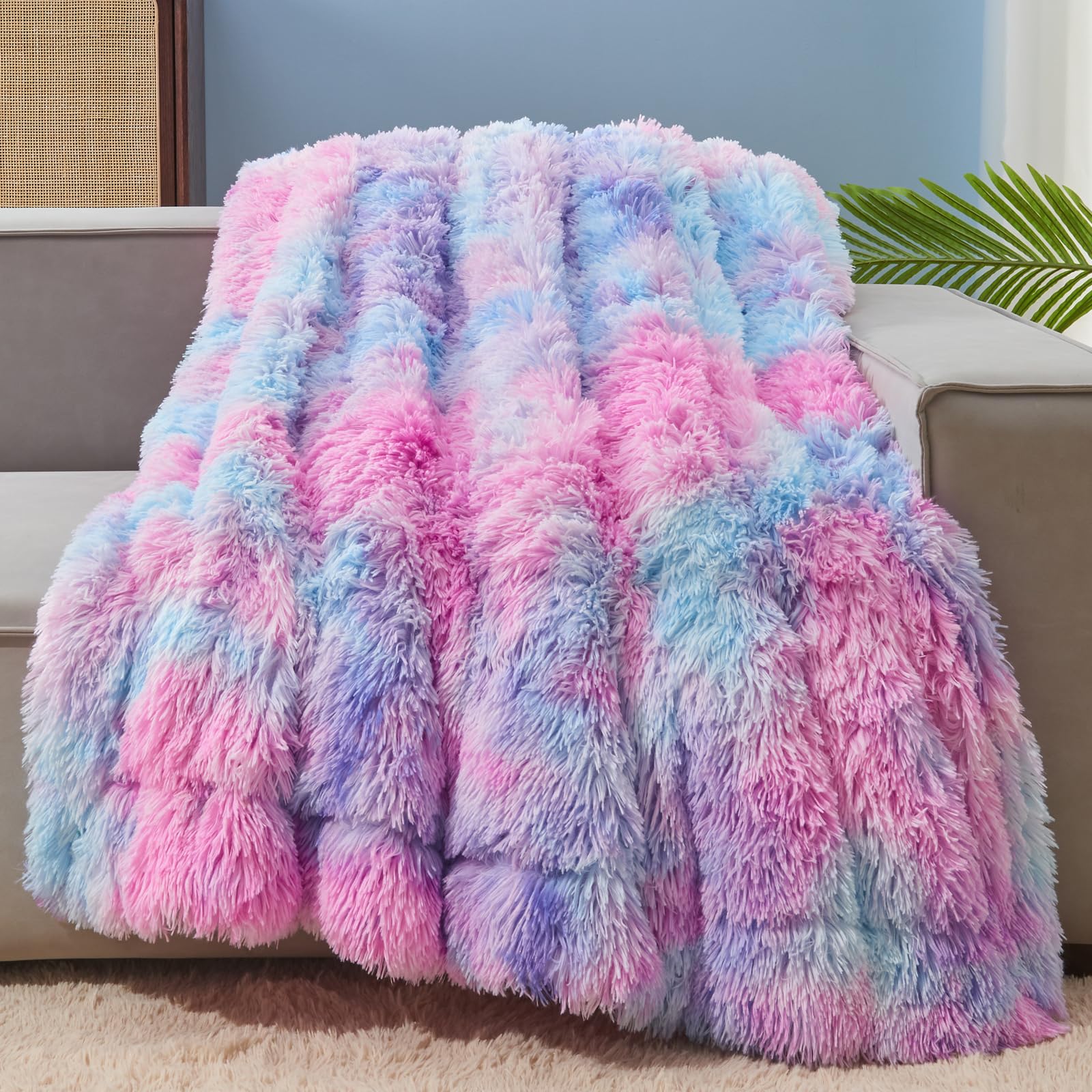 Gonaap Fuzzy Faux Fur Throw Blanket Purple Rainbow Super Soft Cozy Plush Fuzzy Shaggy Blanket For Couch Sofa Bed (Purple Rainbow