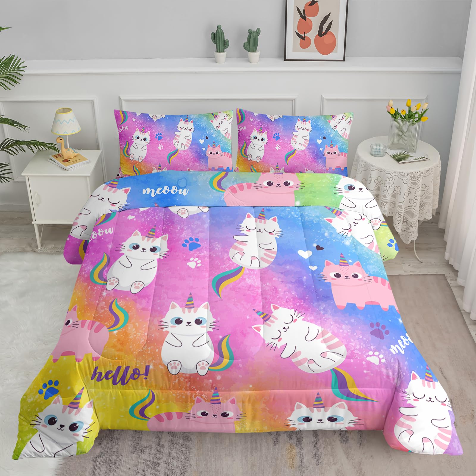Axolotl Cat Bedding Twin Cartoon Cat Comforter Set,Rainbow Printed Kids Bedding Set For Girls Kids Adults Teens,Kids Comforter S