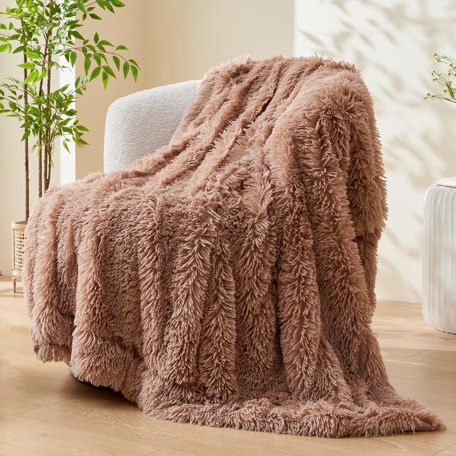 Gonaap Fuzzy Faux Fur Throw Blanket Taupe Super Soft Cozy Plush Fuzzy Shaggy Blanket For Couch Sofa Bed (Taupe, Throw(50'X60')