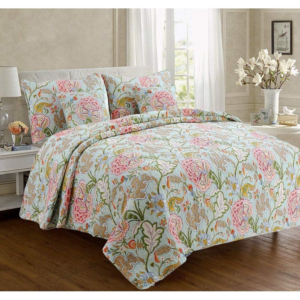 Cozy Line Home Fashions Blooming Red White Floral 100% Cotton Reversible Quilt Bedding Set, Coverlet Bedspread (Camellia Green,
