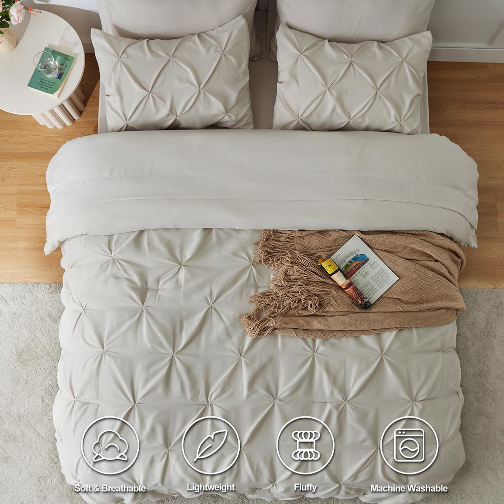 Himeet King Size Bedding Sets 7 Pieces King Bedding Set Pintuck King Size Comforter Set Pinch Pleat Beige