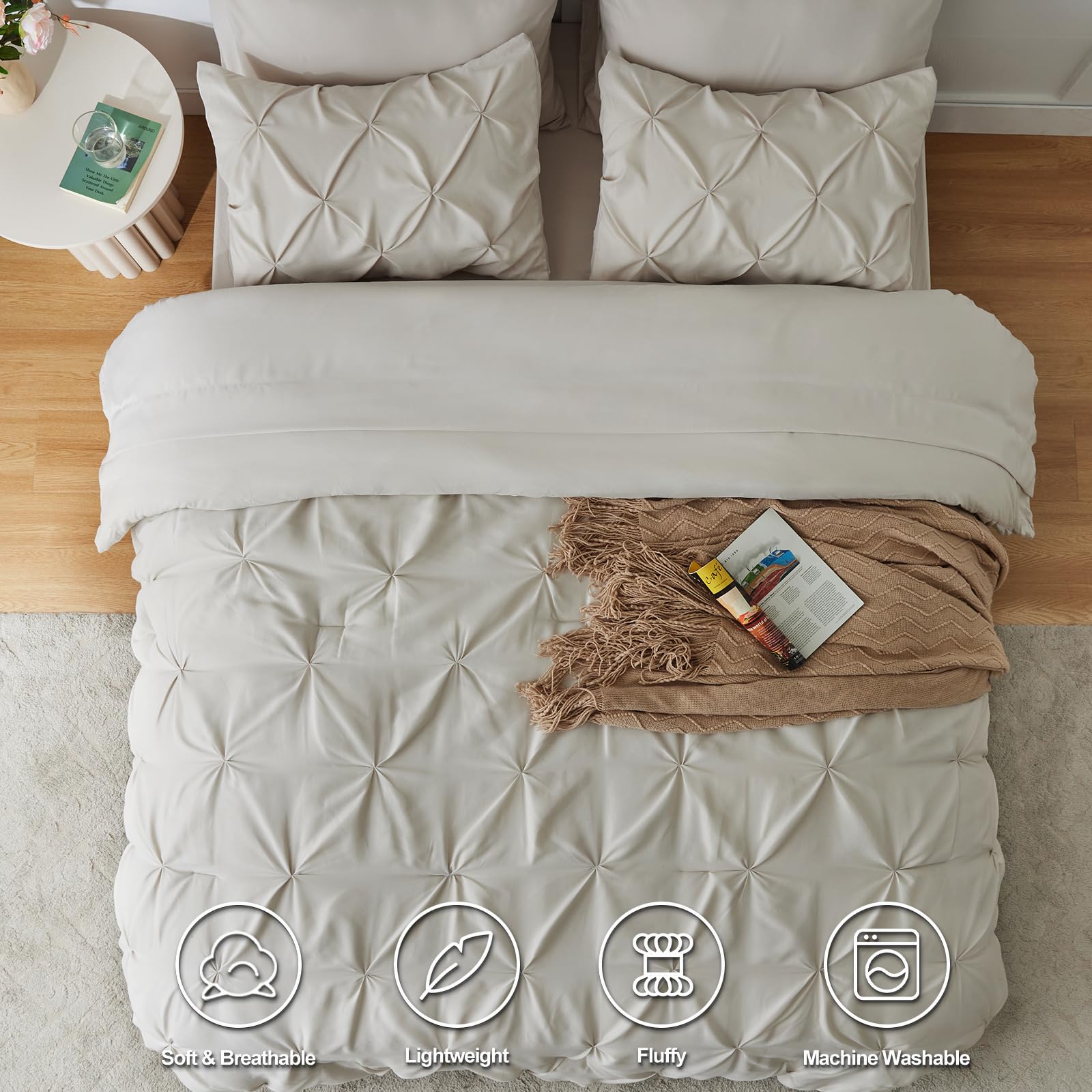 Himeet King Size Bedding Sets 7 Pieces King Bedding Set Pintuck King Size Comforter Set Pinch Pleat Beige