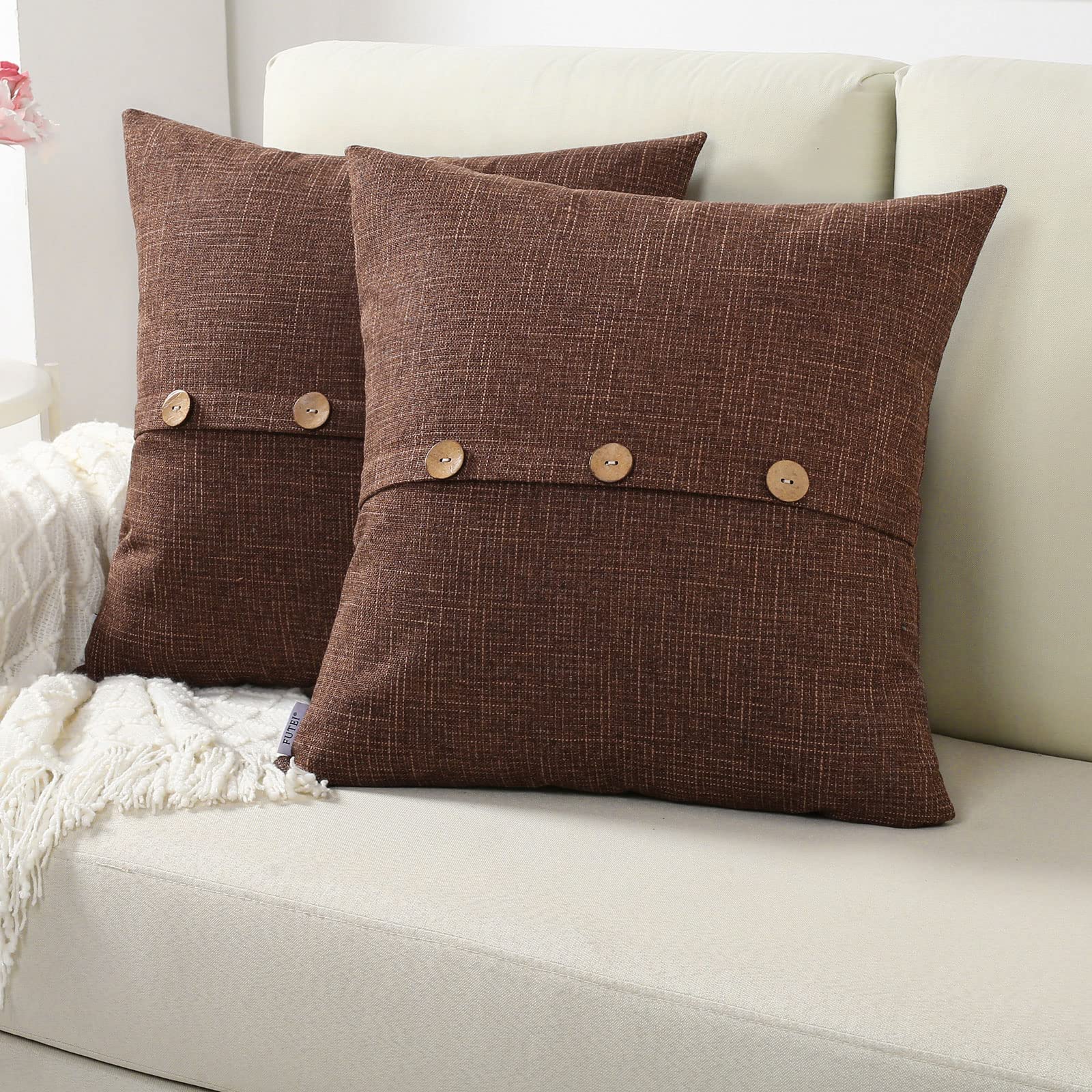 Futei Brown Linen Decorative Throw Pillow Covers 14X14 Inch Set Of 2, Square Cushion Case With Vintage Button/Zipper,Modern Farm