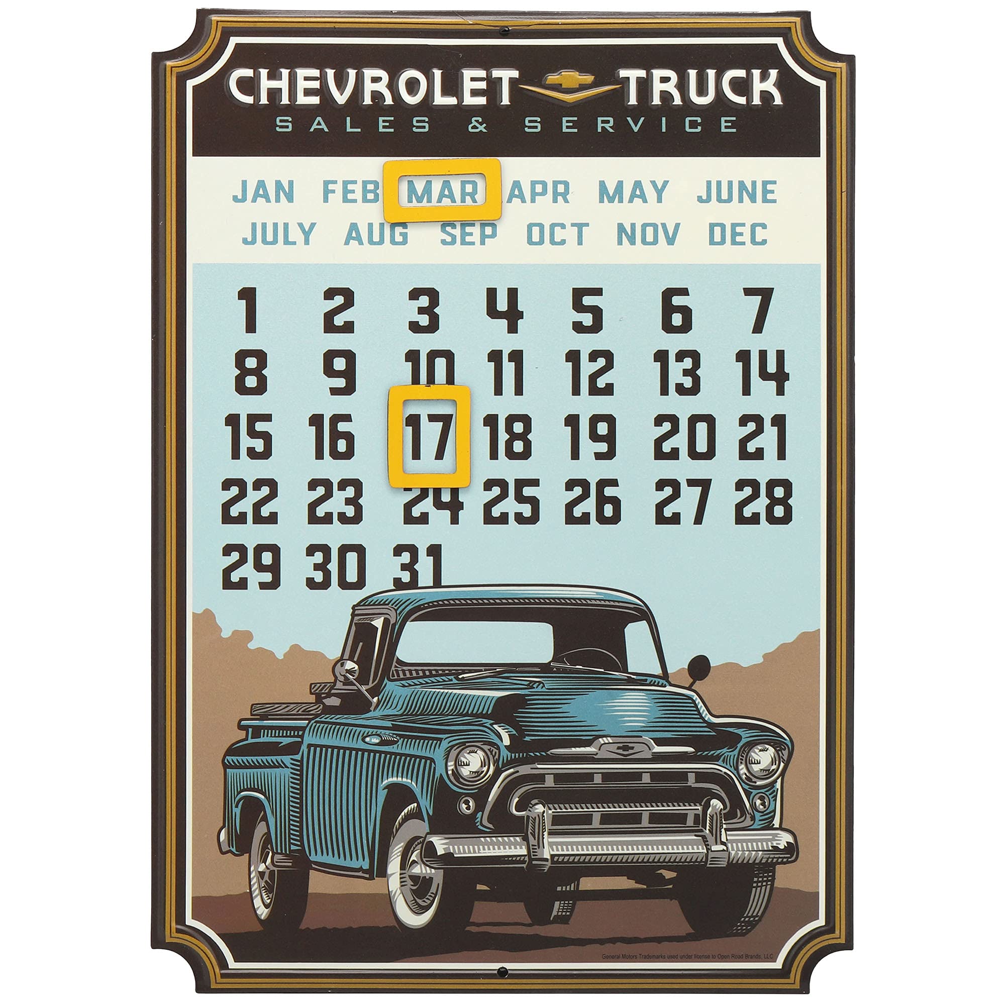Chevrolet Truck Calendar - Vintage Embossed Metal Chevy Sign With Magnets For Garage, Shop Or Man Cave Blue