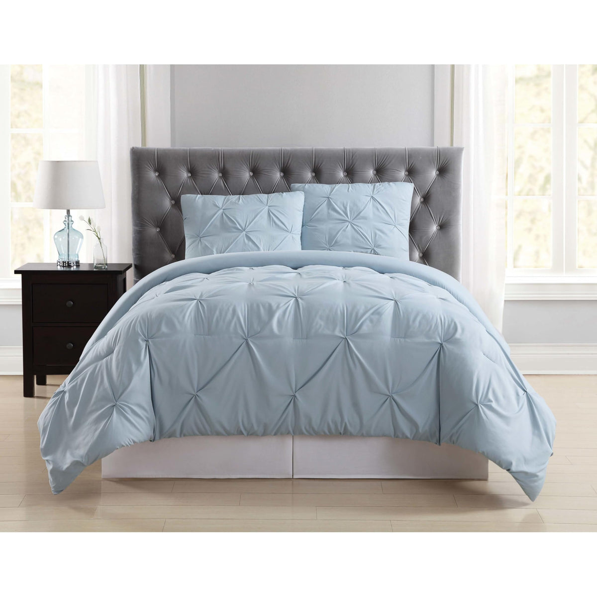 Truly Soft Pleated Duvet Set Light Blue Polyester 3-Piece Full/Queen Duvet Set, Solid Color Themed, For Men And Women, Oeko-Tex