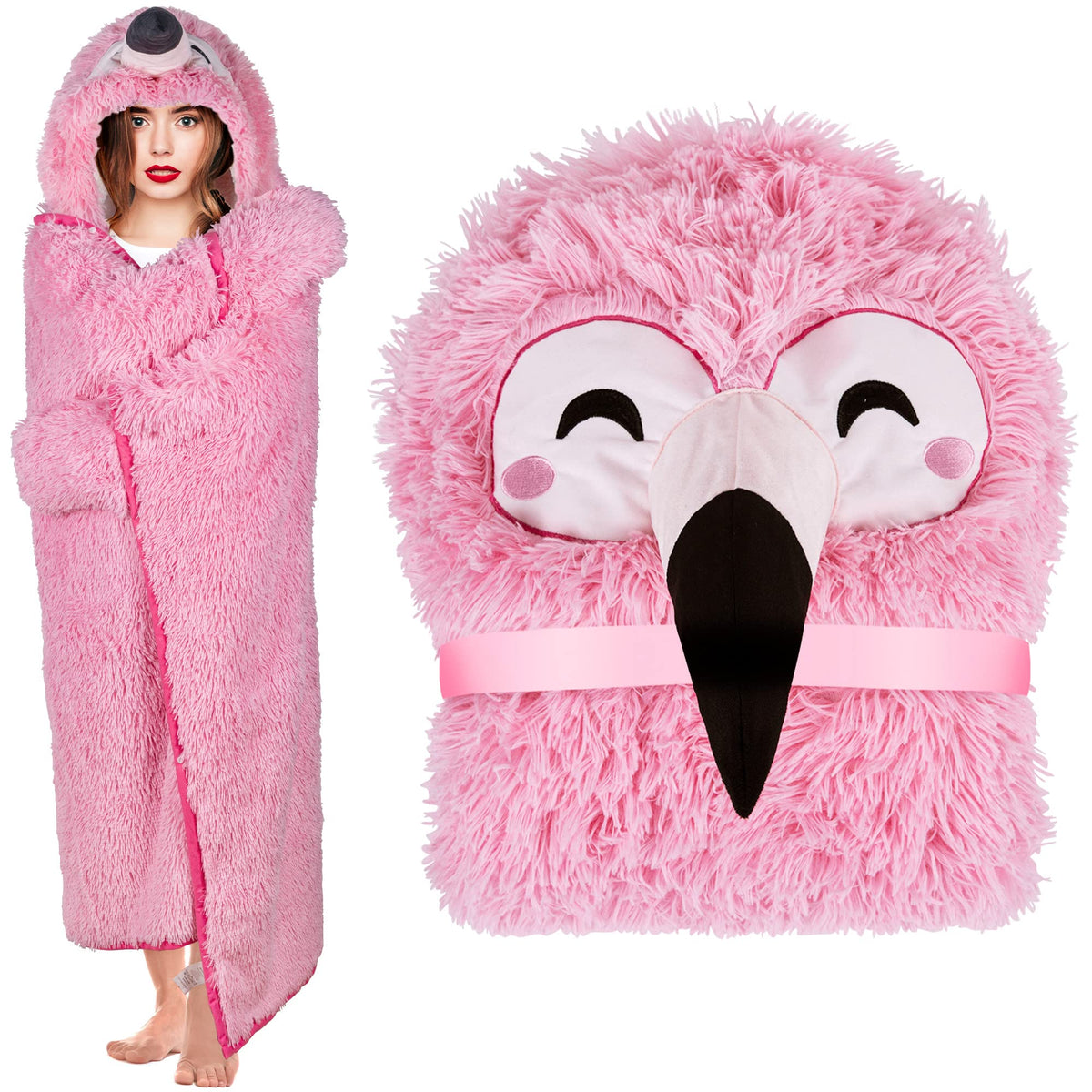 Flamingo Wearable Hooded Blanket For Adults - Fluffy Super Soft Shaggy Faux Fur, Fuzzy Warm Cozy Plush Furry Fleece & Sherpa Hoo