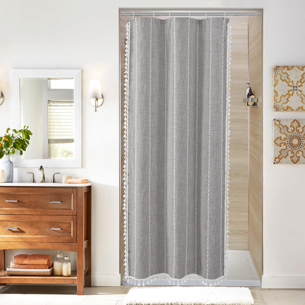 Mitovilla Grey Small Stall Shower Curtain 36 X 72, Half Size Narrow Cotton Linen Fabric Shower Curtains For Boho Farmhouse Bathr