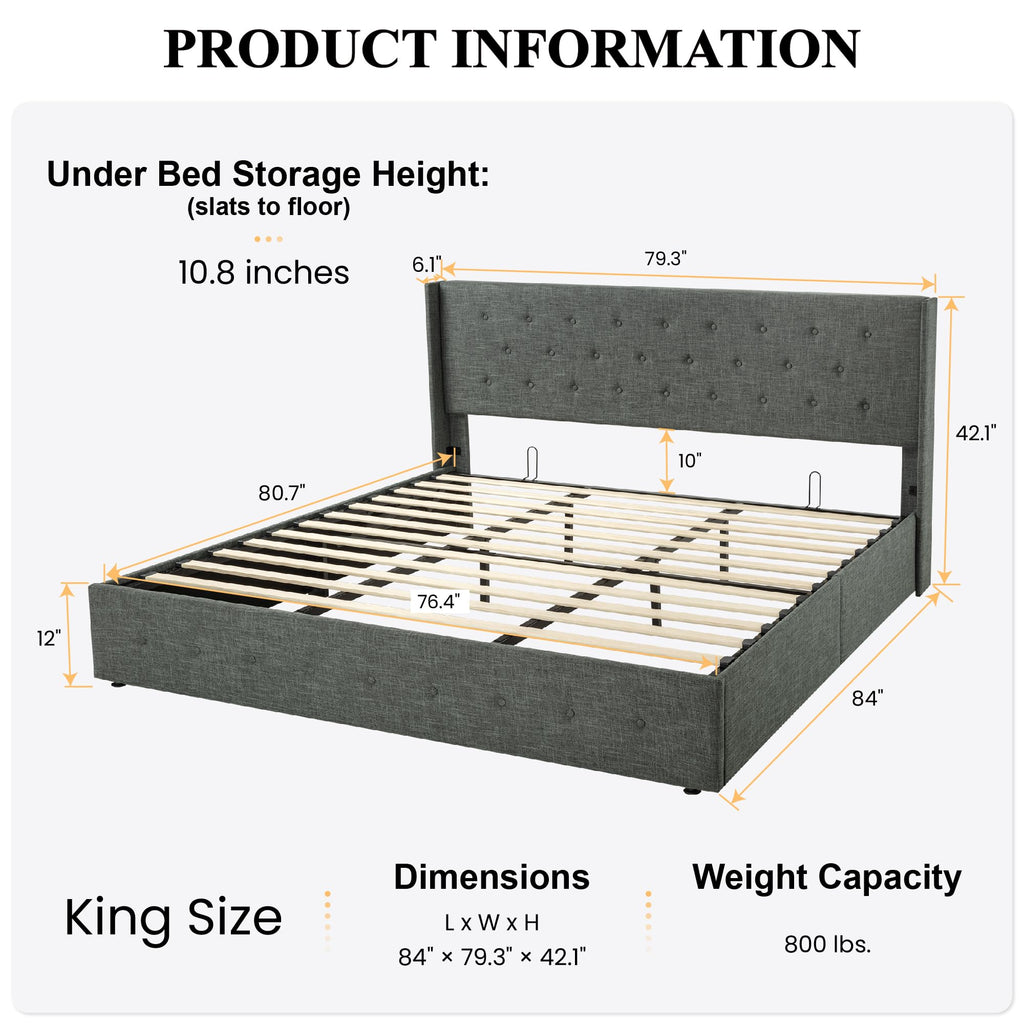 Sha Cerlin King Size Lift Up Storage Bed/Button Tufted Wingback Headboard/Hydraulic Storage/Upholstered Platform Bed Frame/No Box Spring Needed/Wood Slats Support/Dark Grey