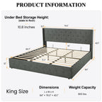 Sha Cerlin King Size Lift Up Storage Bed/Button Tufted Wingback Headboard/Hydraulic Storage/Upholstered Platform Bed Frame/No Box Spring Needed/Wood Slats Support/Dark Grey