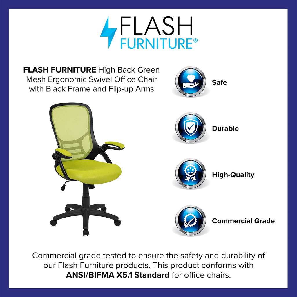 Flash Furniture Porter Mesh High Back Ergonomic Swivel Office Chair With Lumbar Support, Flip-Up Arms, Tilt Lock/Tilt Tension, Height Adjustable, Black/Green Frame