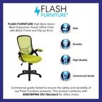 Flash Furniture Porter Mesh High Back Ergonomic Swivel Office Chair With Lumbar Support, Flip-Up Arms, Tilt Lock/Tilt Tension, Height Adjustable, Black/Green Frame